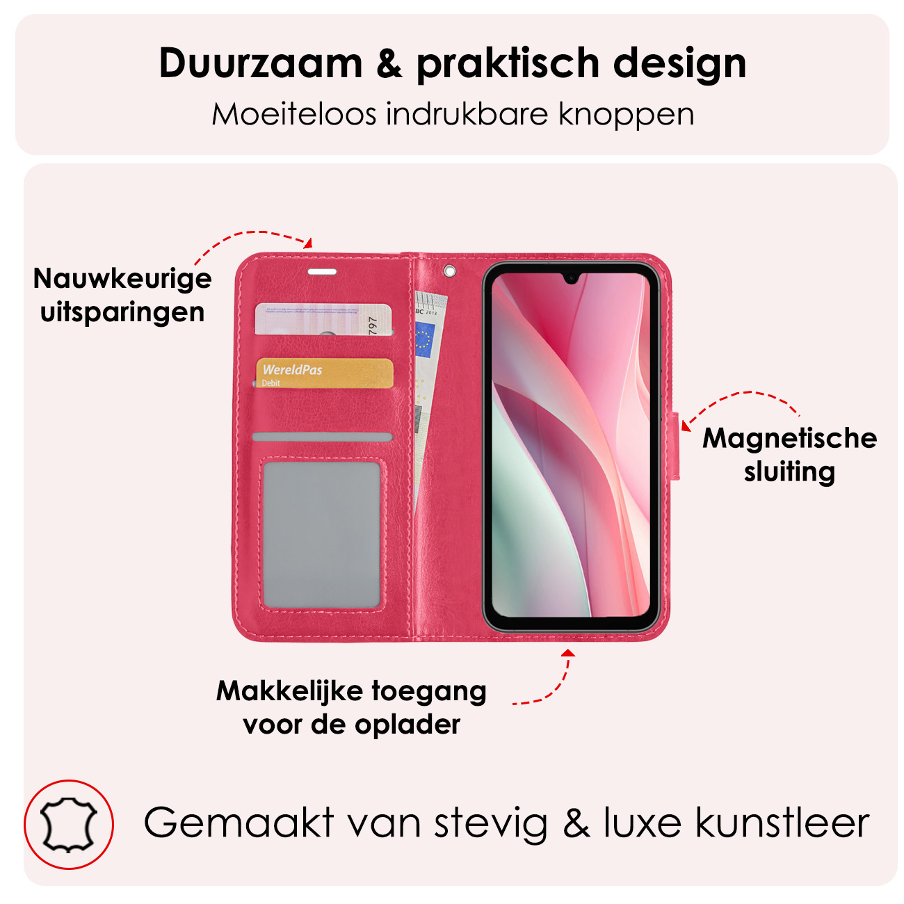 NoXx Hoes Geschikt voor Samsung A15 Hoesje Book Case Hoes Flip Cover Wallet Bookcase Met 2x Screenprotector - Donkerroze