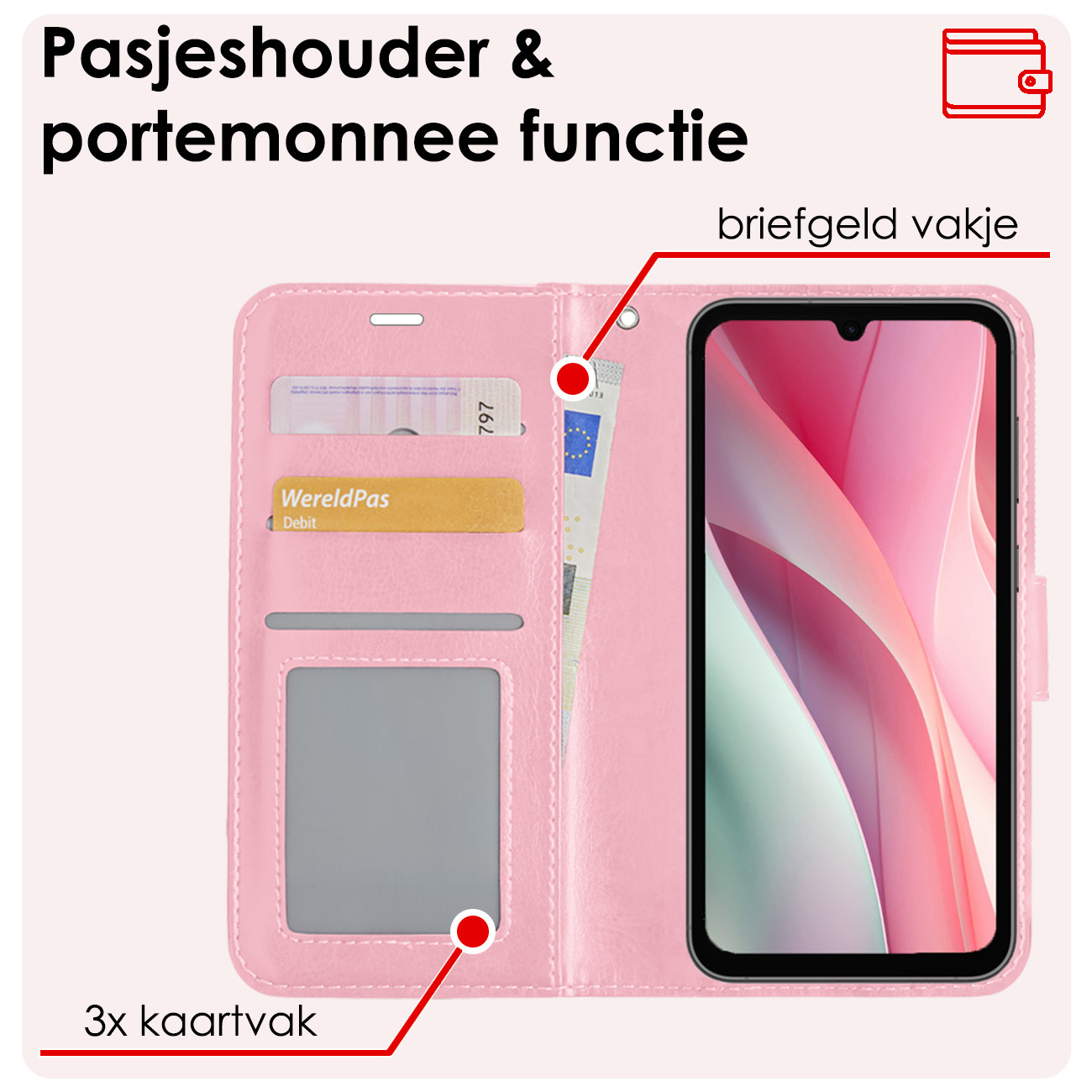 NoXx Hoes Geschikt voor Samsung A15 Hoesje Book Case Hoes Flip Cover Wallet Bookcase Met 2x Screenprotector - Lichtroze