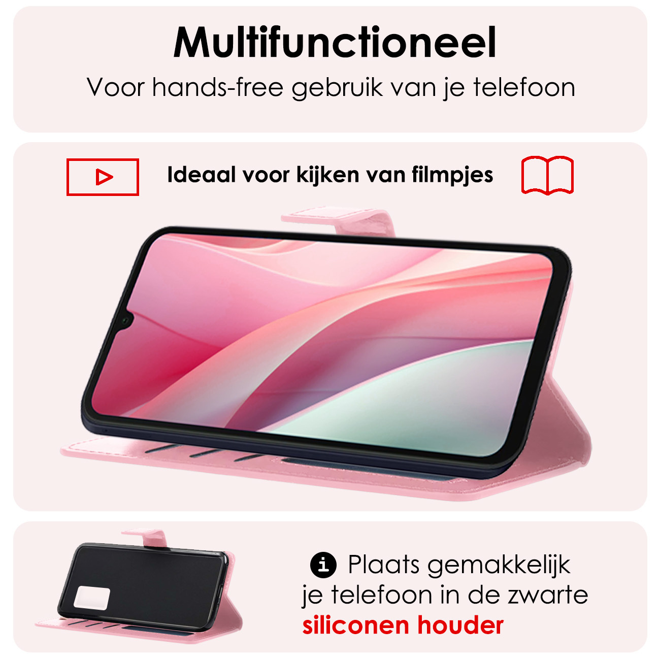 NoXx Hoes Geschikt voor Samsung A15 Hoesje Book Case Hoes Flip Cover Wallet Bookcase Met 2x Screenprotector - Lichtroze