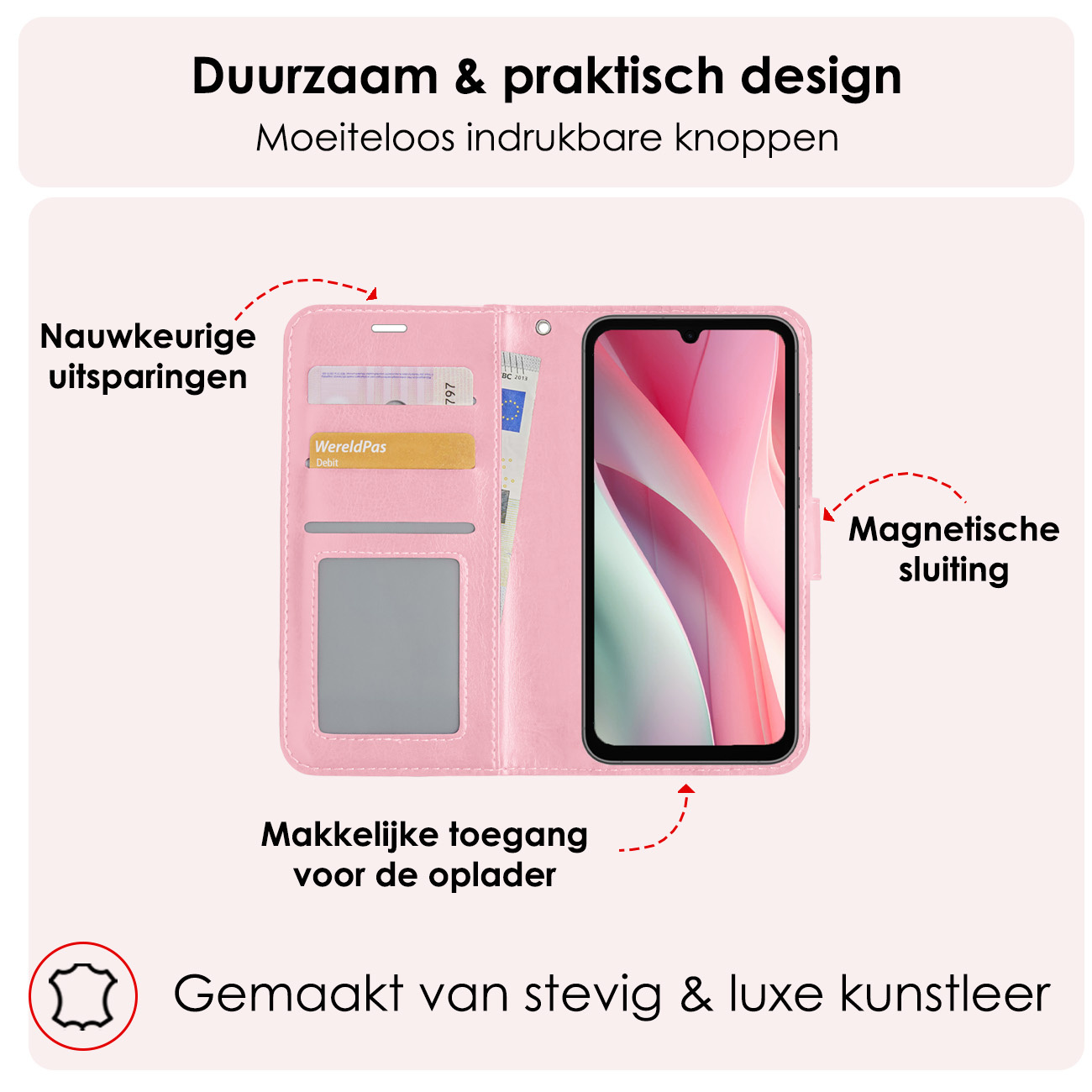 NoXx Hoes Geschikt voor Samsung A15 Hoesje Book Case Hoes Flip Cover Wallet Bookcase Met 2x Screenprotector - Lichtroze