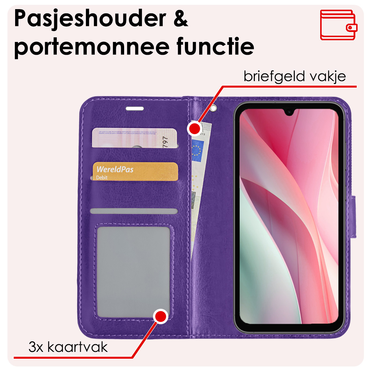 NoXx Hoes Geschikt voor Samsung A15 Hoesje Book Case Hoes Flip Cover Wallet Bookcase Met 2x Screenprotector - Paars