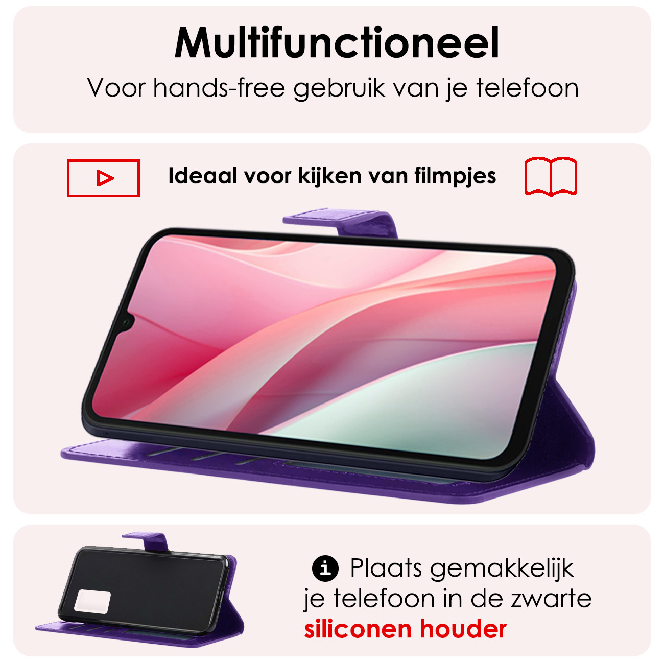 NoXx Hoes Geschikt voor Samsung A15 Hoesje Book Case Hoes Flip Cover Wallet Bookcase Met 2x Screenprotector - Paars