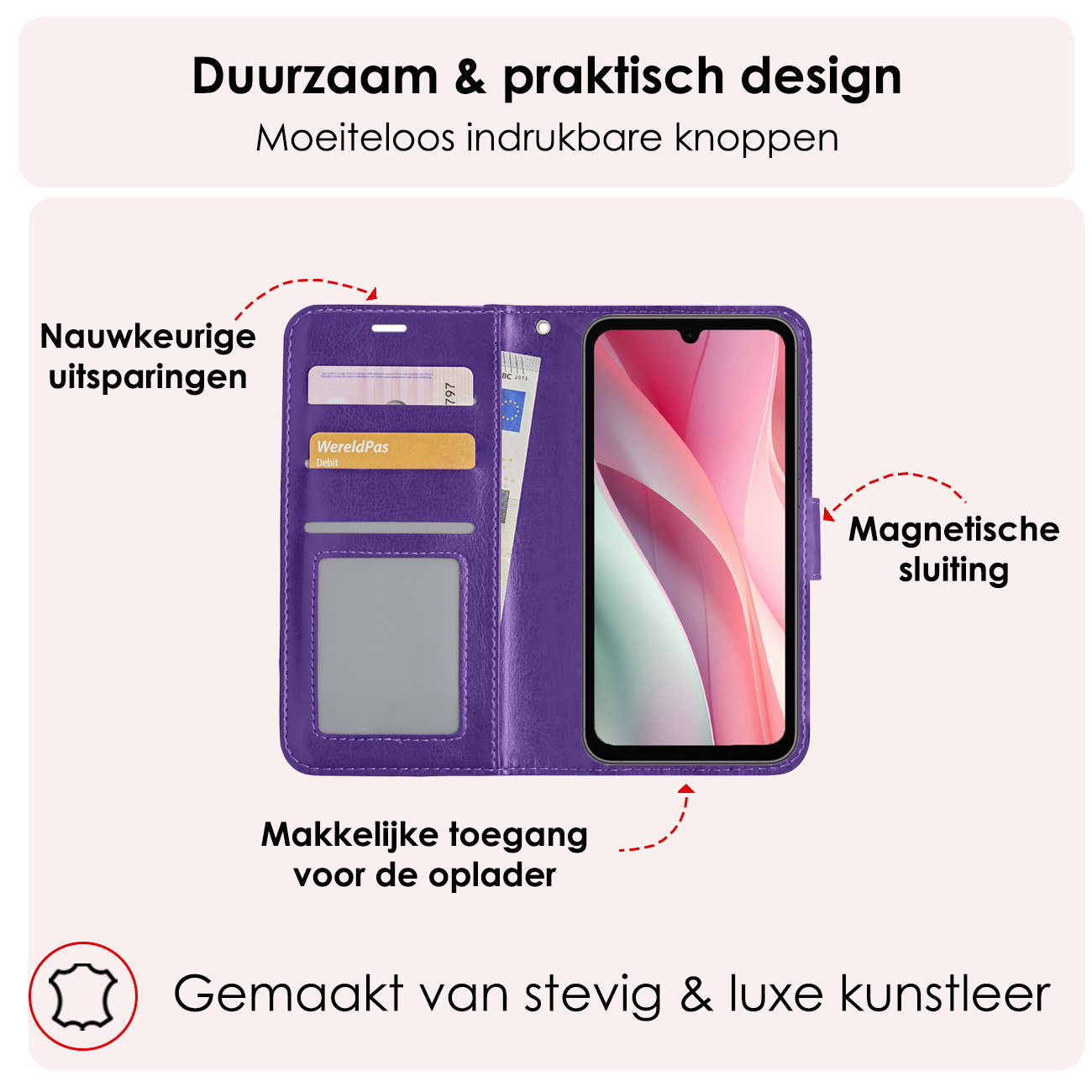 NoXx Hoes Geschikt voor Samsung A15 Hoesje Book Case Hoes Flip Cover Wallet Bookcase Met 2x Screenprotector - Paars