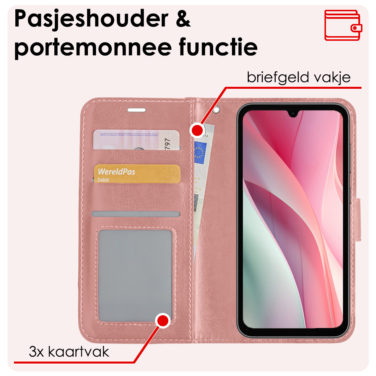 NoXx Hoes Geschikt voor Samsung A15 Hoesje Book Case Hoes Flip Cover Wallet Bookcase Met 2x Screenprotector - Rosé goud