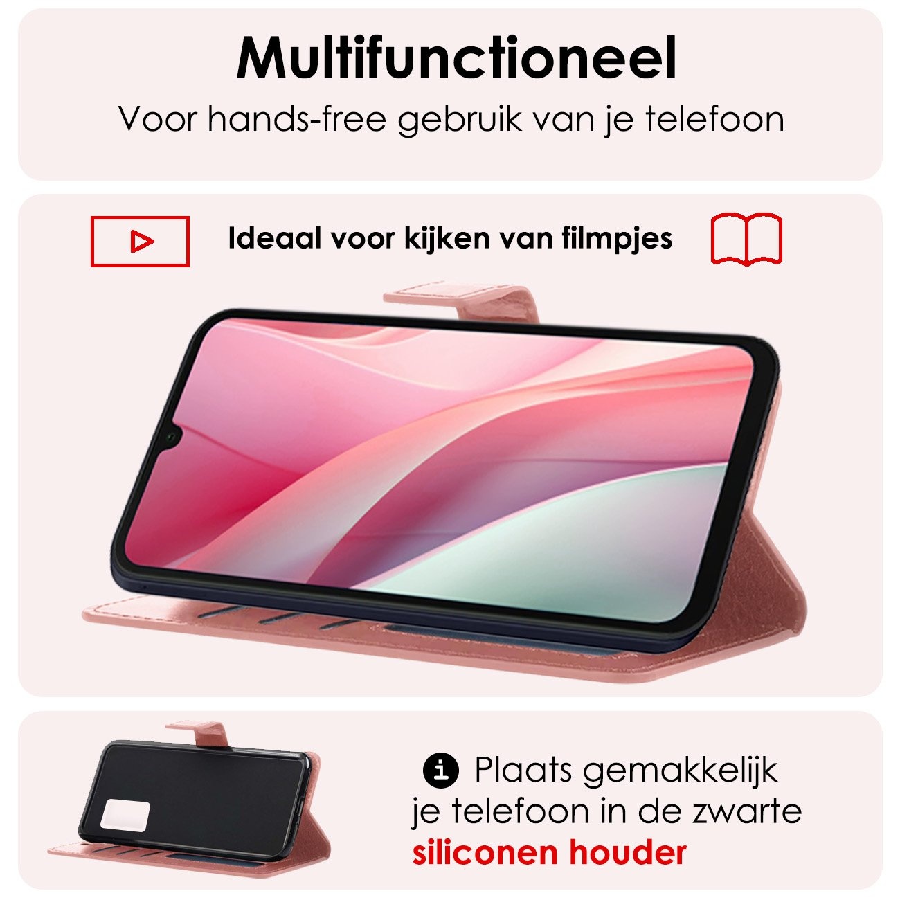 NoXx Hoes Geschikt voor Samsung A15 Hoesje Book Case Hoes Flip Cover Wallet Bookcase Met 2x Screenprotector - Rosé goud