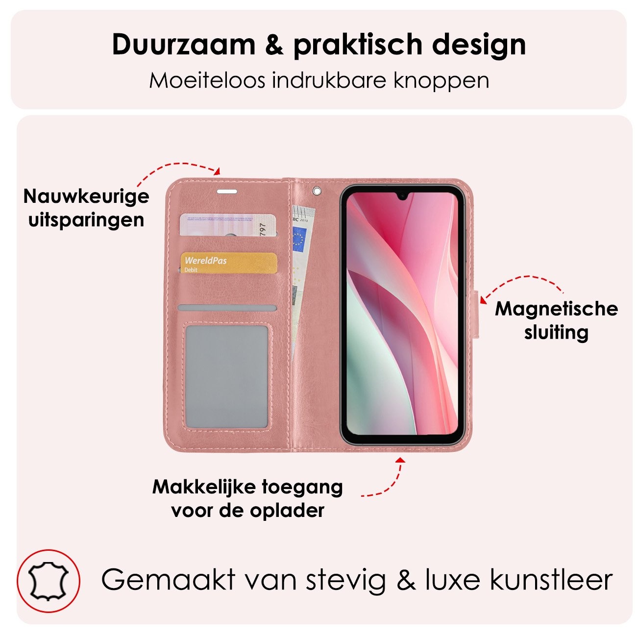 NoXx Hoes Geschikt voor Samsung A15 Hoesje Book Case Hoes Flip Cover Wallet Bookcase Met 2x Screenprotector - Rosé goud