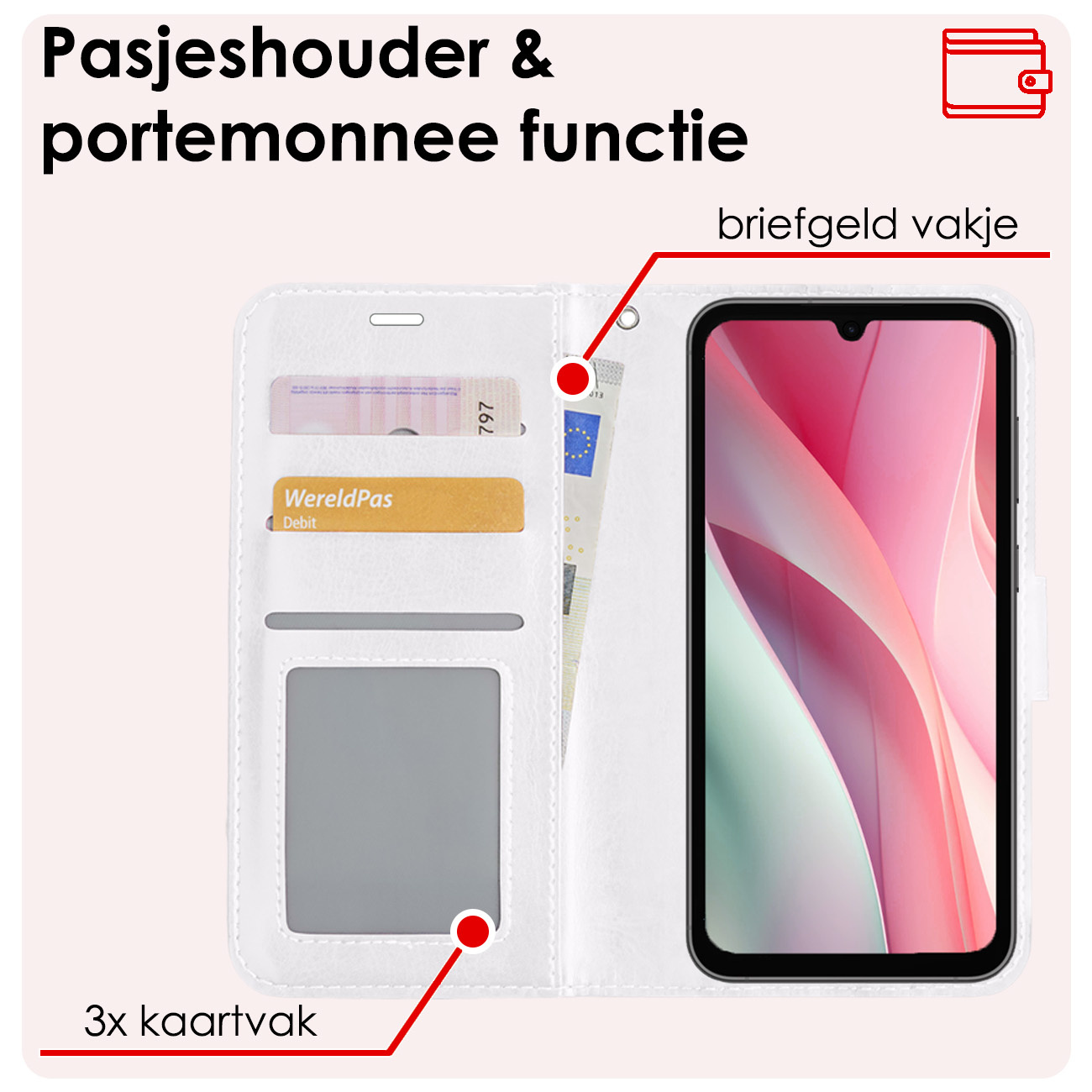 NoXx Hoes Geschikt voor Samsung A15 Hoesje Book Case Hoes Flip Cover Wallet Bookcase Met 2x Screenprotector - Wit