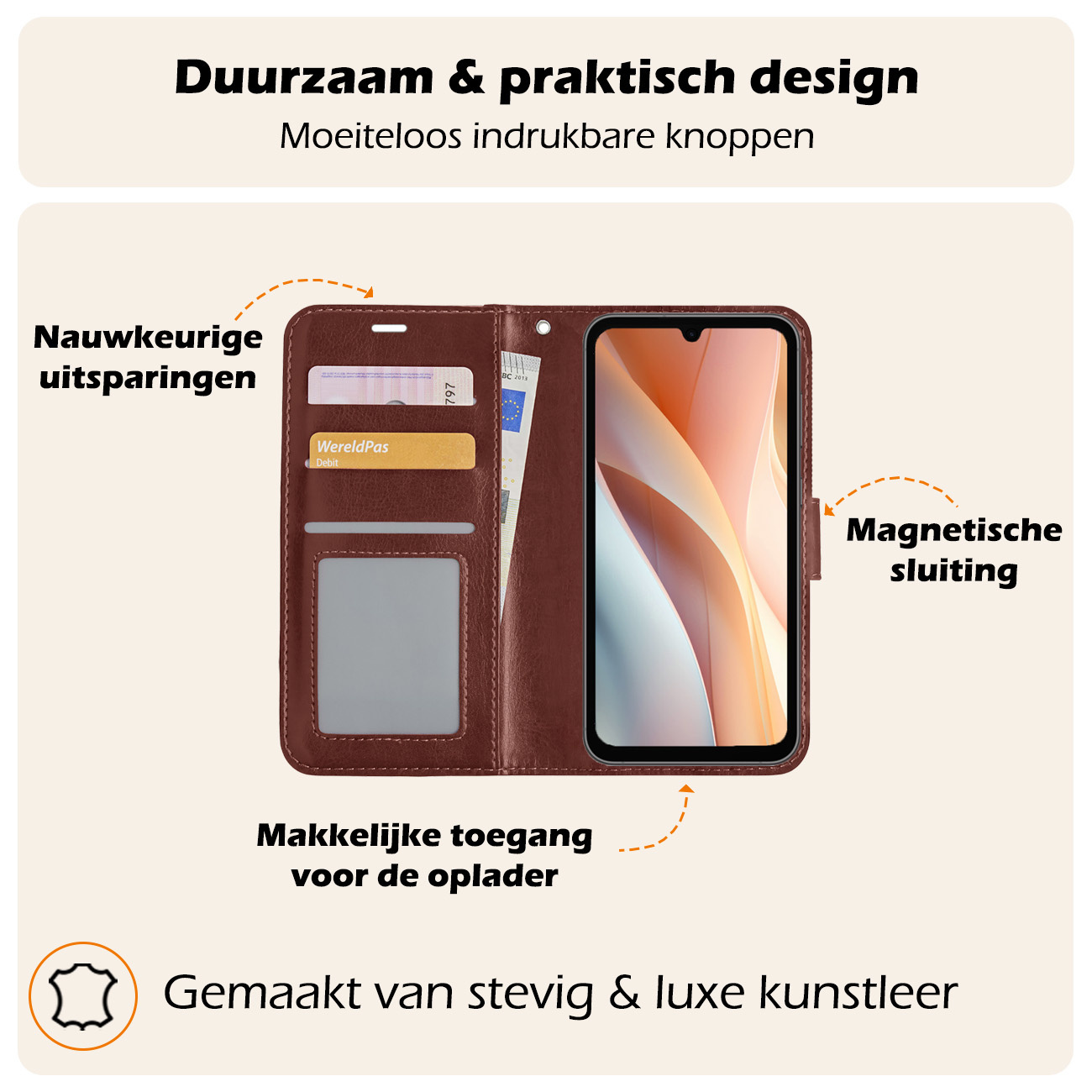 Nomfy Hoesje Geschikt voor Samsung A15 Hoes Bookcase Flipcase Book Cover Met Screenprotector - Hoes Geschikt voor Samsung Galaxy A15 Hoesje Book Case - Bruin