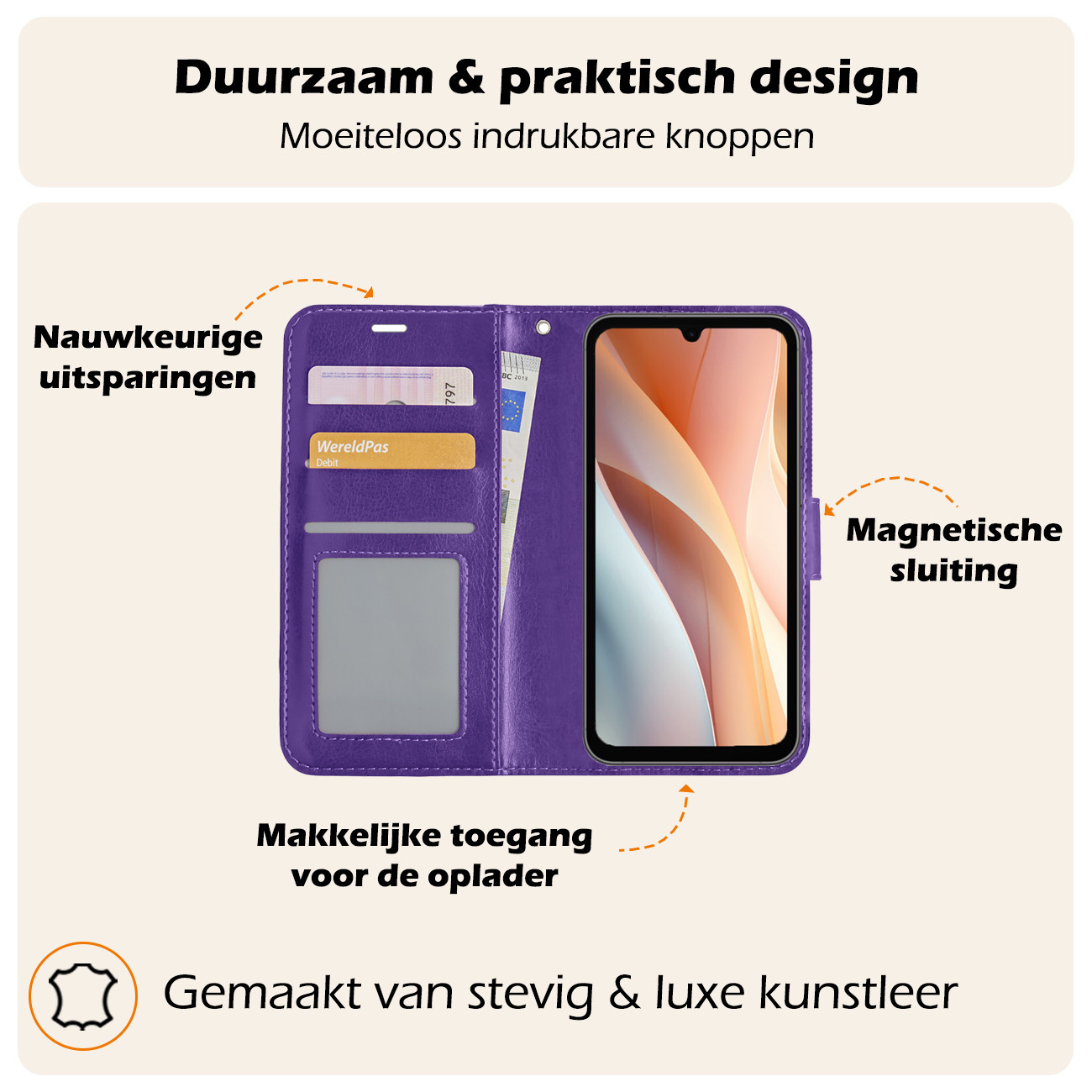 Nomfy Hoesje Geschikt voor Samsung A15 Hoes Bookcase Flipcase Book Cover Met Screenprotector - Hoes Geschikt voor Samsung Galaxy A15 Hoesje Book Case - Paars