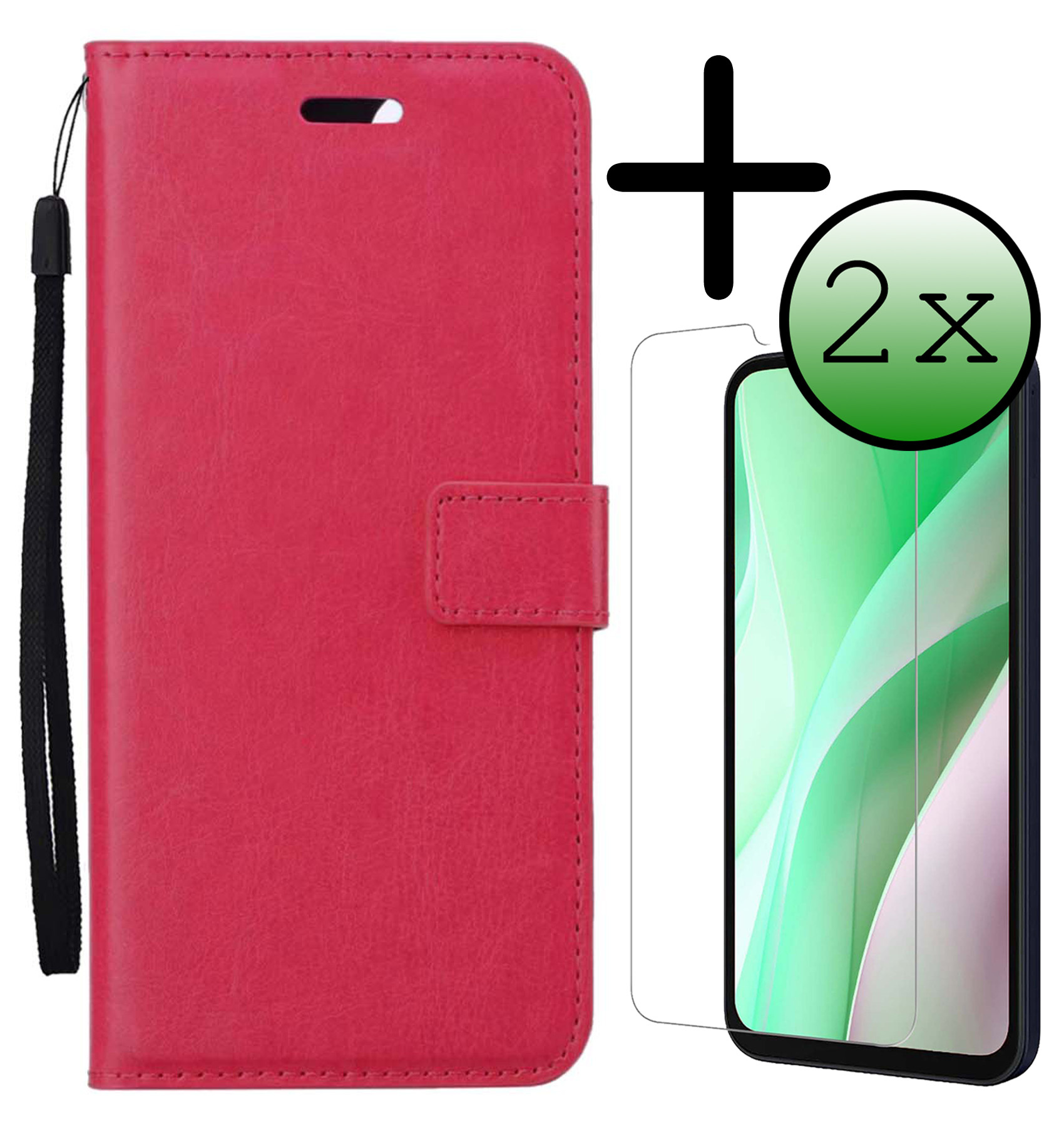 BASEY. Hoes Geschikt voor Samsung A15 Hoesje Bookcase Hoes Flip Case Book Cover Met 2x Screenprotector - Hoesje Geschikt voor Samsung Galaxy A15 Hoes Book Case Hoesje - Donkerroze