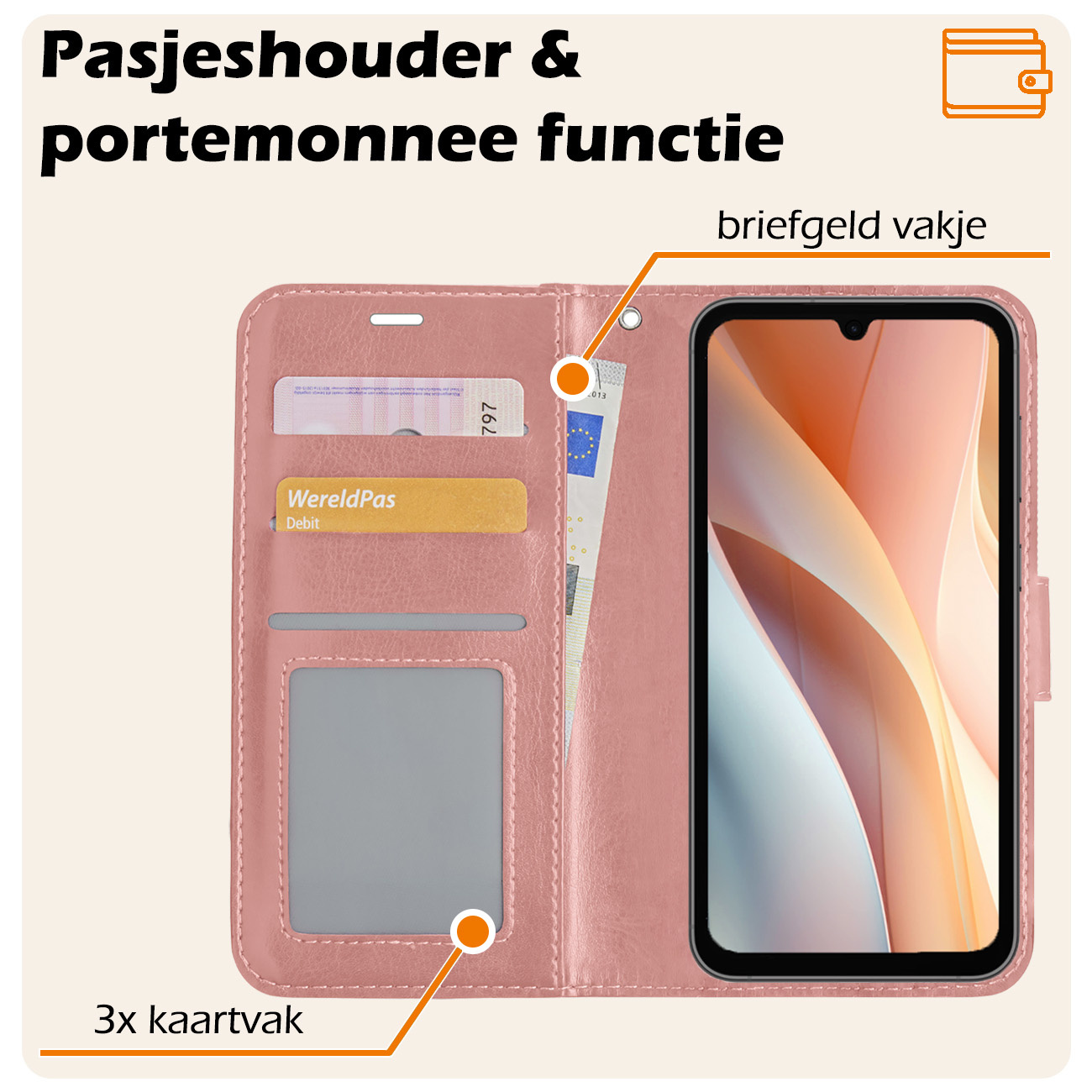 Nomfy Hoesje Geschikt voor Samsung A15 Hoes Bookcase Flipcase Book Cover Met Screenprotector - Hoes Geschikt voor Samsung Galaxy A15 Hoesje Book Case - Rosé goud