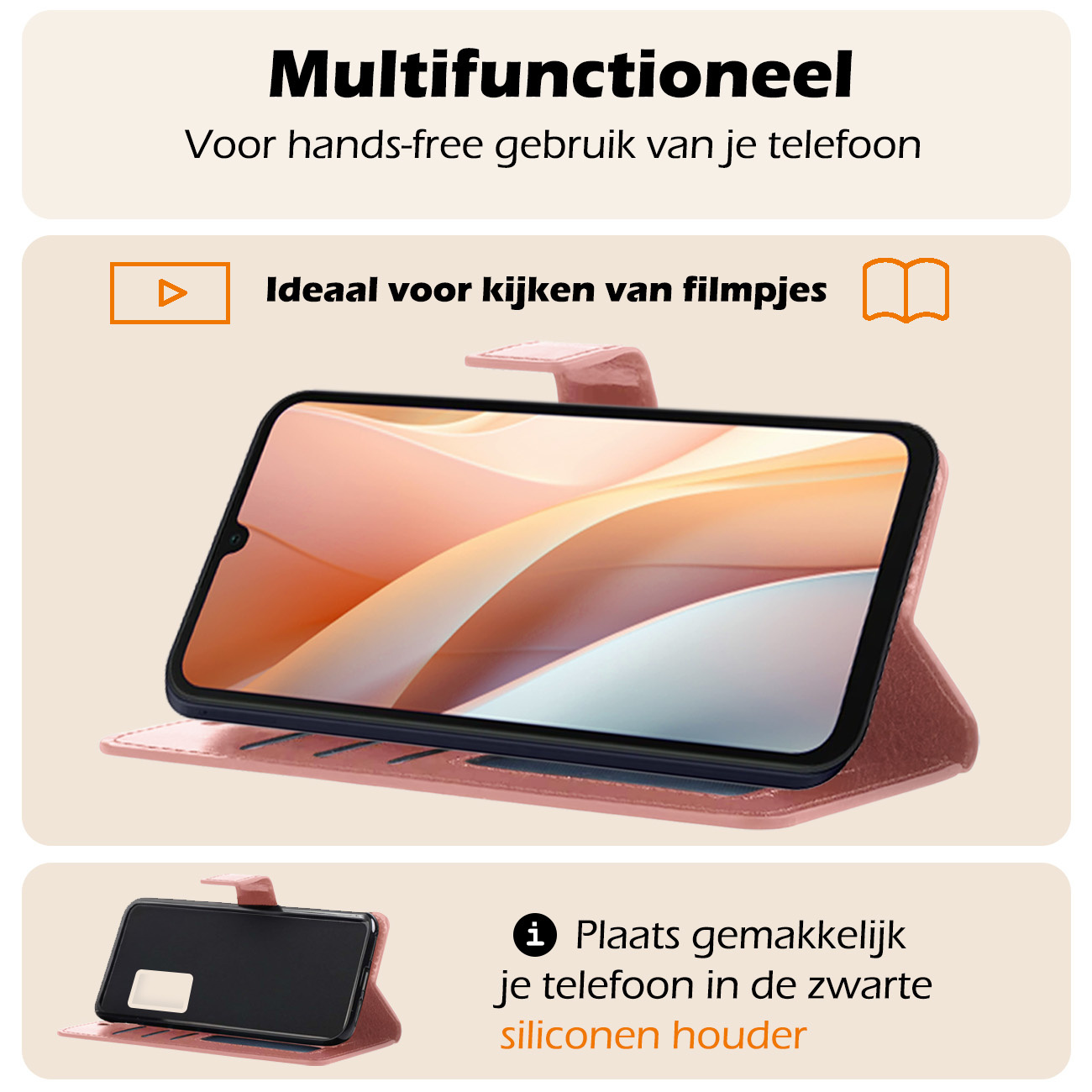 Nomfy Hoesje Geschikt voor Samsung A15 Hoes Bookcase Flipcase Book Cover Met Screenprotector - Hoes Geschikt voor Samsung Galaxy A15 Hoesje Book Case - Rosé goud