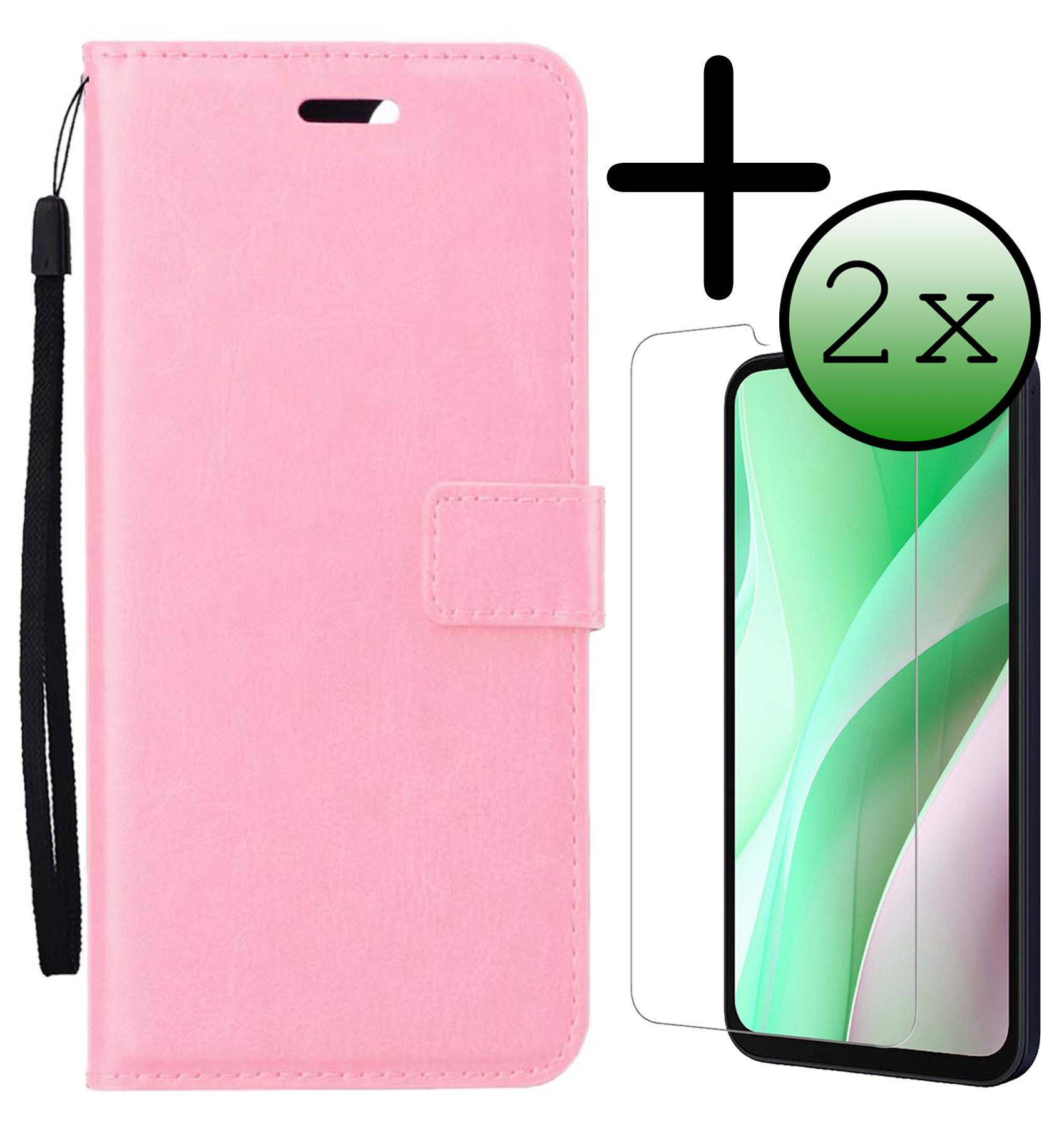 BASEY. Hoes Geschikt voor Samsung A15 Hoesje Bookcase Hoes Flip Case Book Cover Met 2x Screenprotector - Hoesje Geschikt voor Samsung Galaxy A15 Hoes Book Case Hoesje - Lichtroze