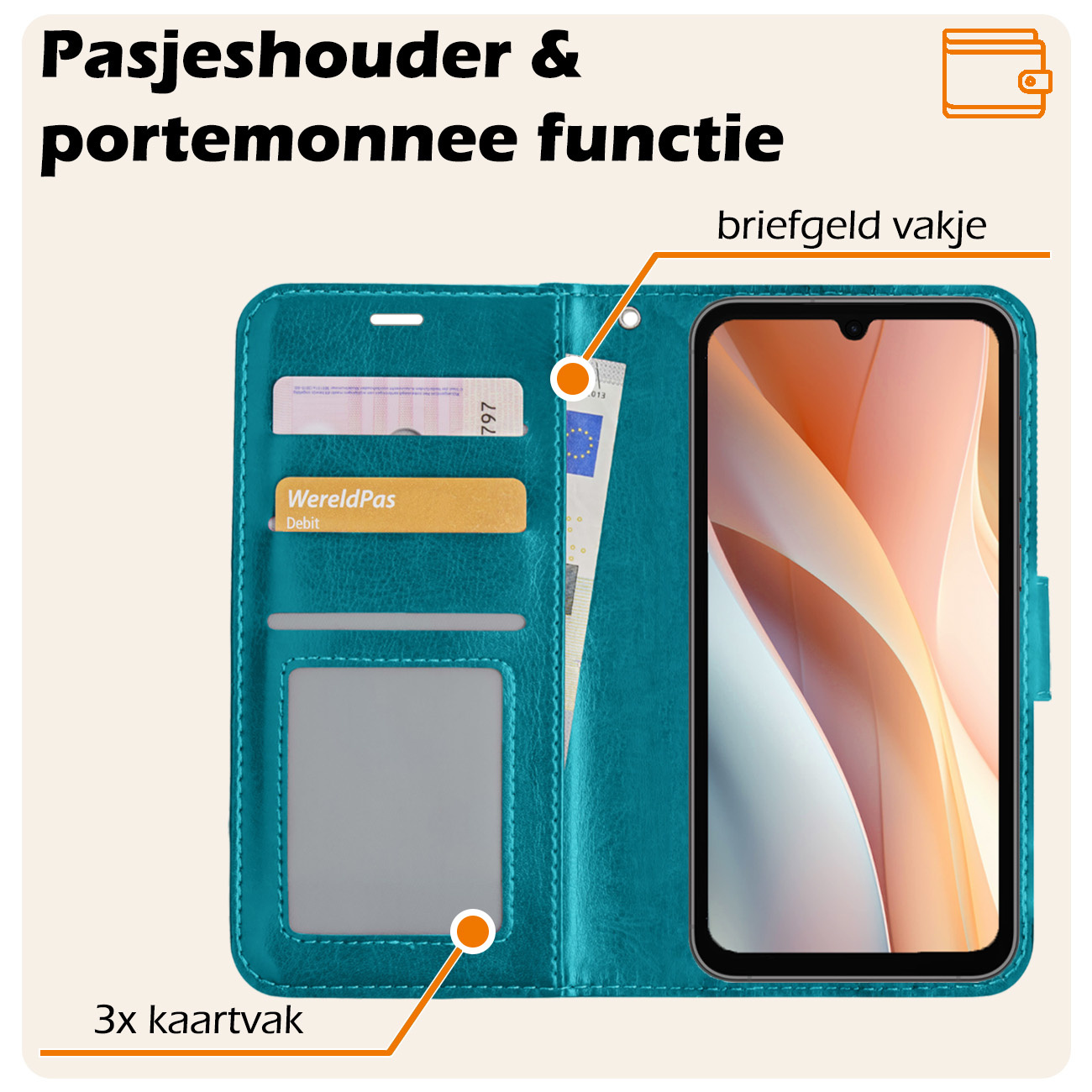 Nomfy Hoesje Geschikt voor Samsung A15 Hoes Bookcase Flipcase Book Cover Met Screenprotector - Hoes Geschikt voor Samsung Galaxy A15 Hoesje Book Case - Turquoise