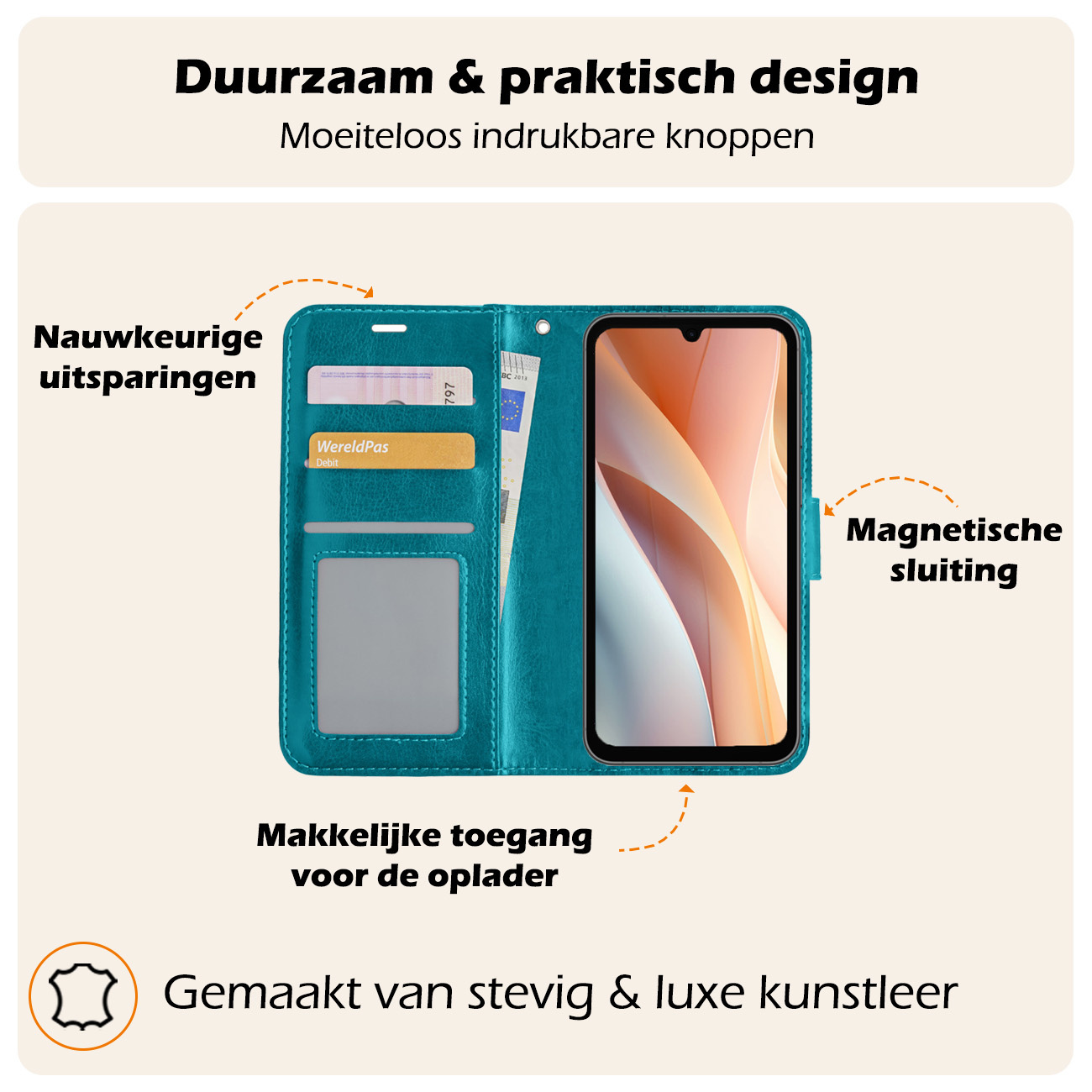 Nomfy Hoesje Geschikt voor Samsung A15 Hoes Bookcase Flipcase Book Cover Met Screenprotector - Hoes Geschikt voor Samsung Galaxy A15 Hoesje Book Case - Turquoise