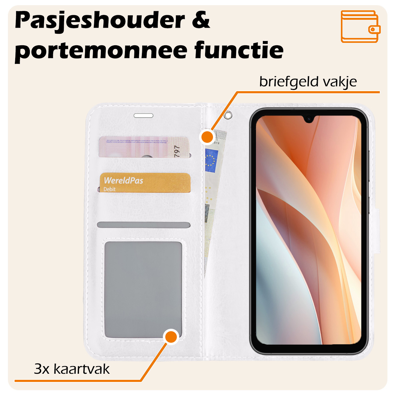 Nomfy Hoesje Geschikt voor Samsung A15 Hoes Bookcase Flipcase Book Cover Met Screenprotector - Hoes Geschikt voor Samsung Galaxy A15 Hoesje Book Case - Wit