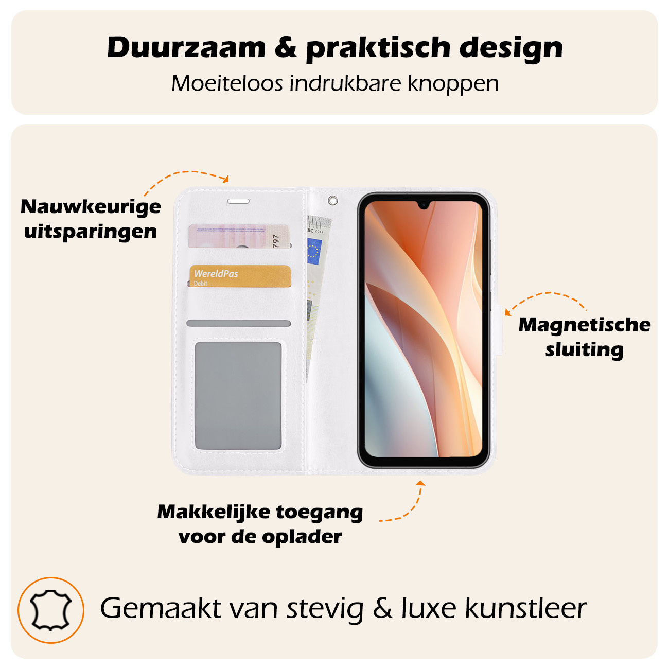 Nomfy Hoesje Geschikt voor Samsung A15 Hoes Bookcase Flipcase Book Cover Met Screenprotector - Hoes Geschikt voor Samsung Galaxy A15 Hoesje Book Case - Wit