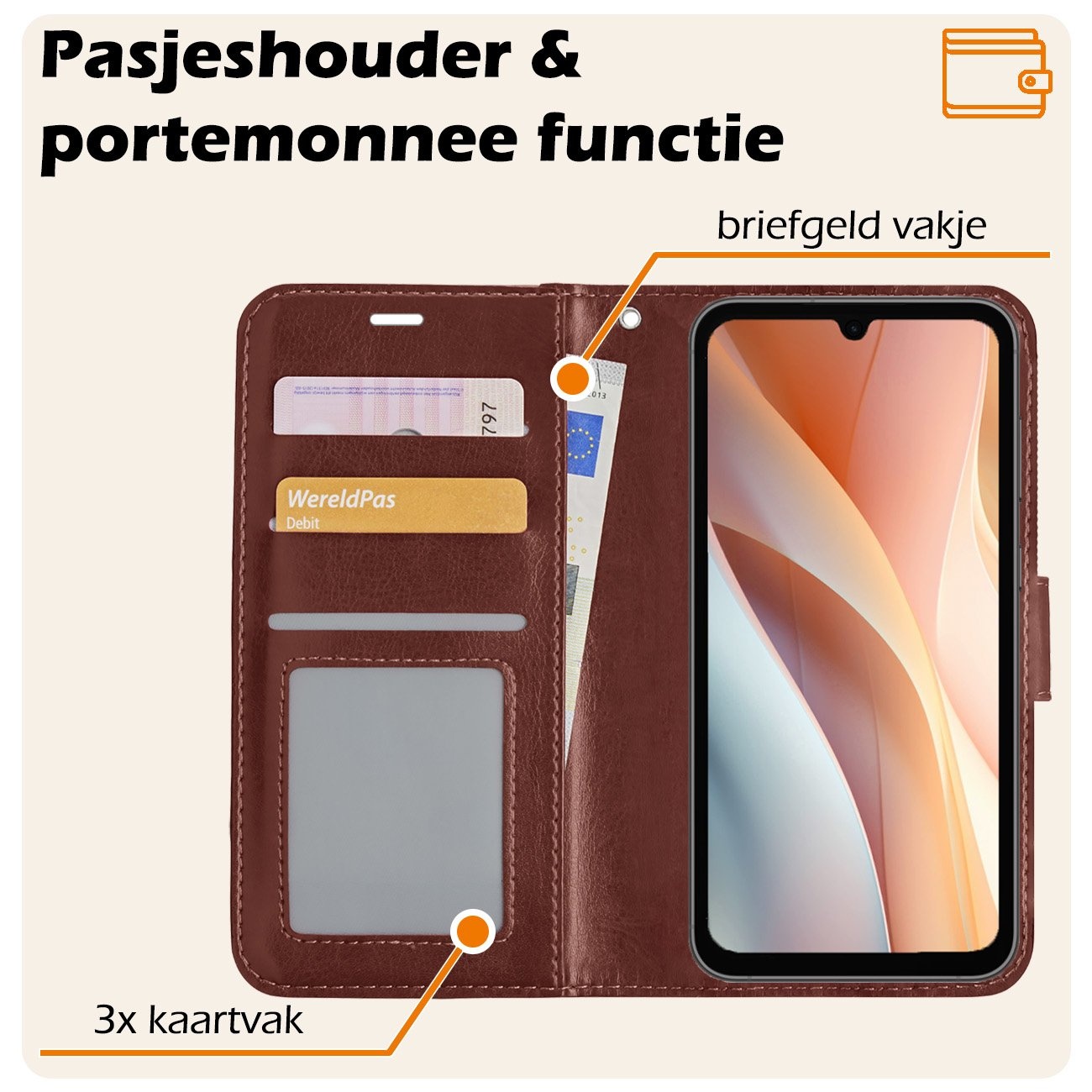 Nomfy Hoesje Geschikt voor Samsung A15 Hoes Bookcase Flipcase Book Cover Met 2x Screenprotector - Hoes Geschikt voor Samsung Galaxy A15 Hoesje Book Case - Bruin