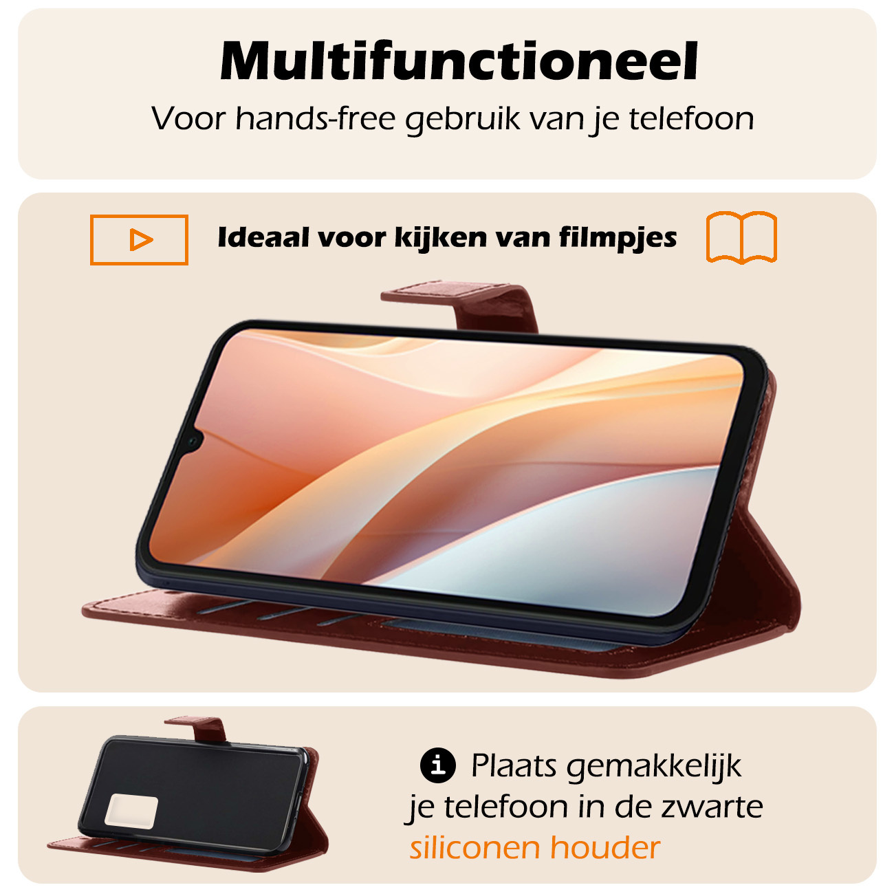 Nomfy Hoesje Geschikt voor Samsung A15 Hoes Bookcase Flipcase Book Cover Met 2x Screenprotector - Hoes Geschikt voor Samsung Galaxy A15 Hoesje Book Case - Bruin