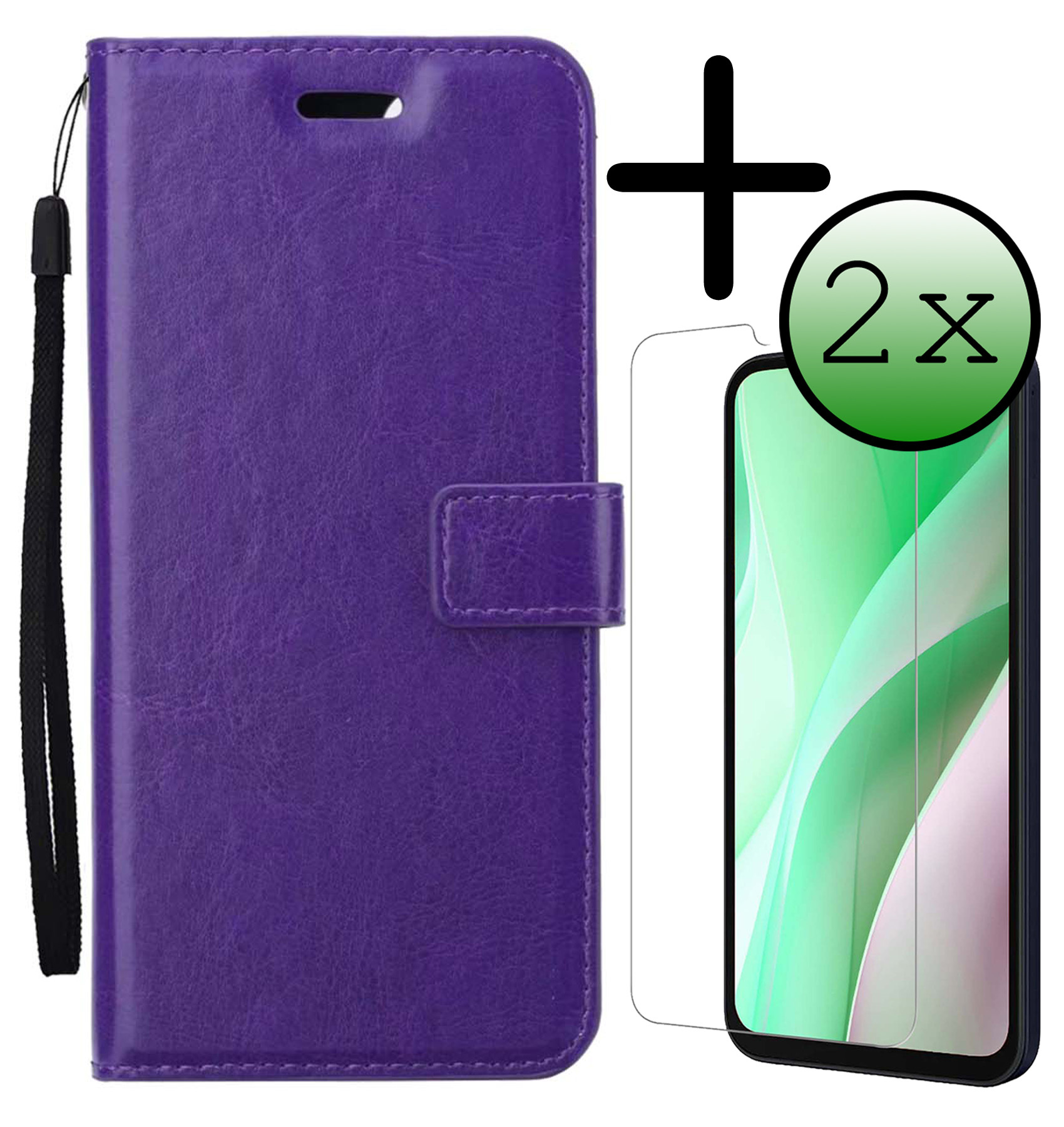 BASEY. Hoes Geschikt voor Samsung A15 Hoesje Bookcase Hoes Flip Case Book Cover Met 2x Screenprotector - Hoesje Geschikt voor Samsung Galaxy A15 Hoes Book Case Hoesje - Paars
