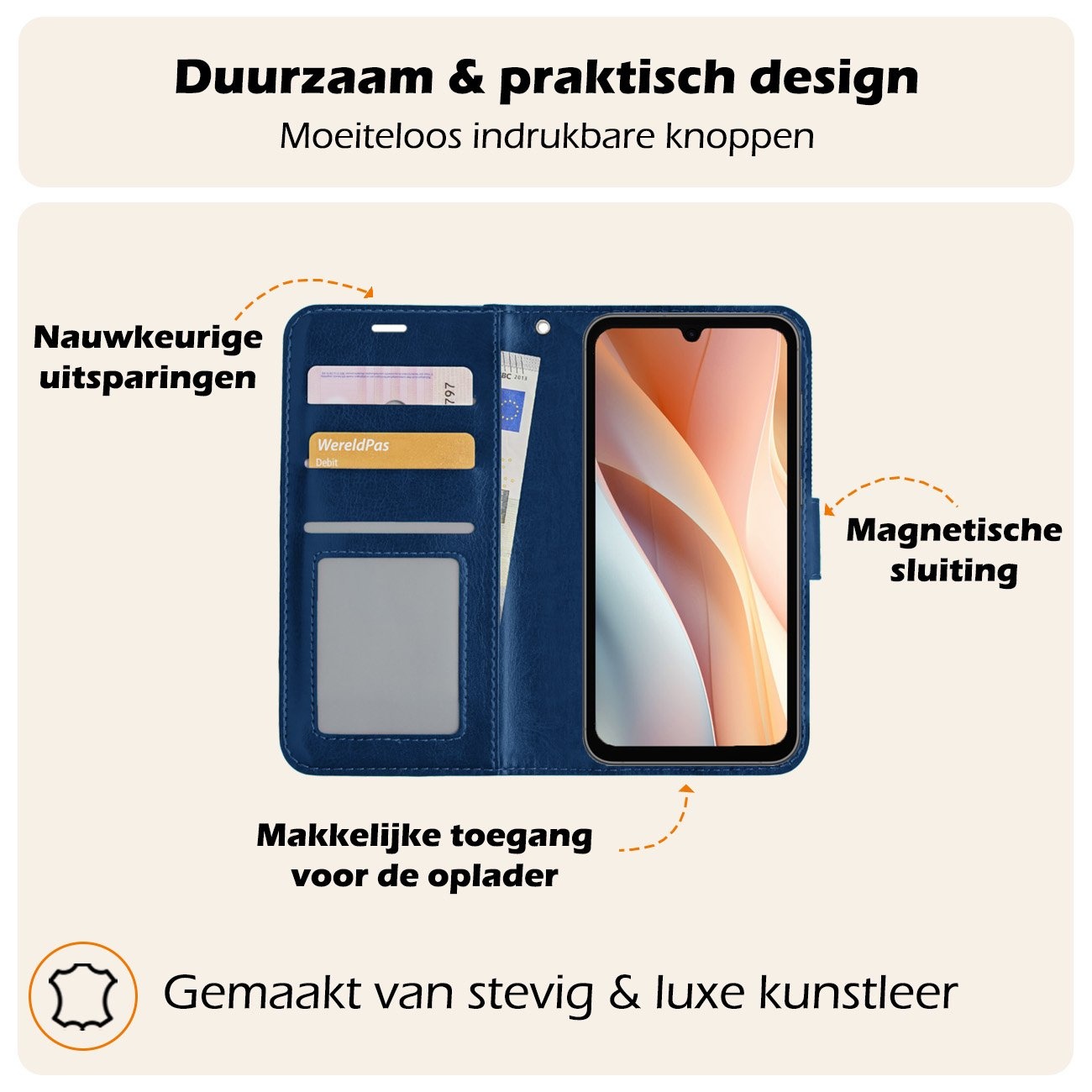 Nomfy Hoesje Geschikt voor Samsung A15 Hoes Bookcase Flipcase Book Cover Met 2x Screenprotector - Hoes Geschikt voor Samsung Galaxy A15 Hoesje Book Case - Donkerblauw