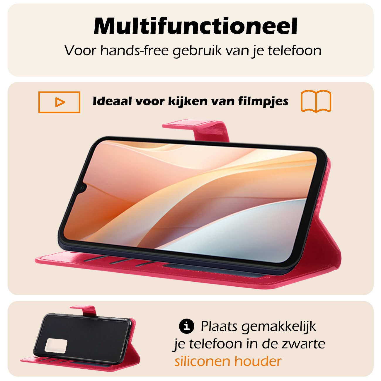 Nomfy Hoesje Geschikt voor Samsung A15 Hoes Bookcase Flipcase Book Cover Met 2x Screenprotector - Hoes Geschikt voor Samsung Galaxy A15 Hoesje Book Case - Donkerroze