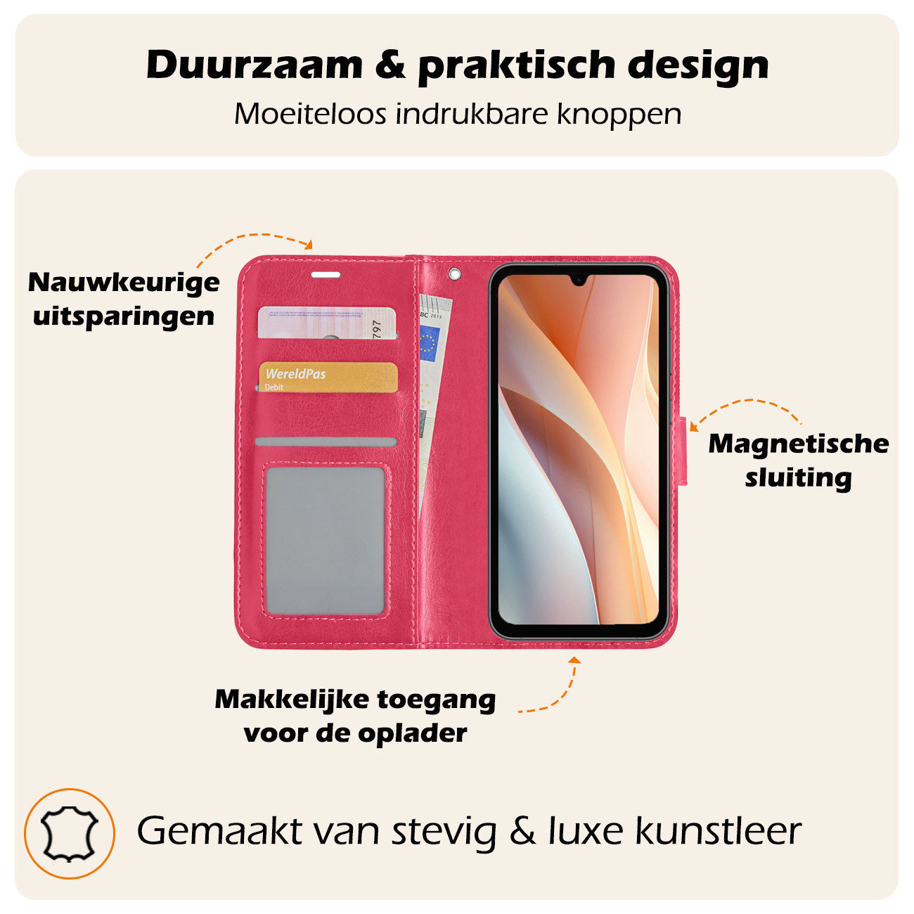 Nomfy Hoesje Geschikt voor Samsung A15 Hoes Bookcase Flipcase Book Cover Met 2x Screenprotector - Hoes Geschikt voor Samsung Galaxy A15 Hoesje Book Case - Donkerroze