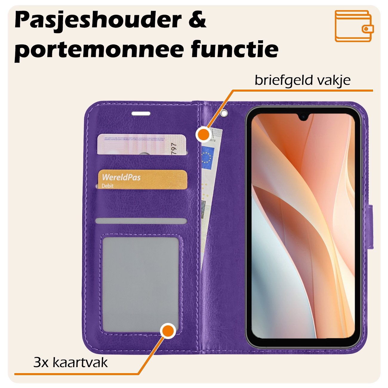 Nomfy Hoesje Geschikt voor Samsung A15 Hoes Bookcase Flipcase Book Cover Met 2x Screenprotector - Hoes Geschikt voor Samsung Galaxy A15 Hoesje Book Case - Paars