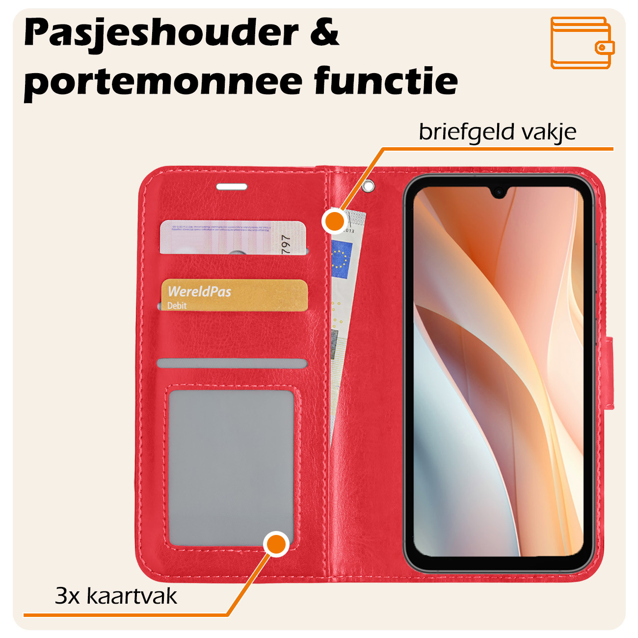 Nomfy Hoesje Geschikt voor Samsung A15 Hoes Bookcase Flipcase Book Cover Met 2x Screenprotector - Hoes Geschikt voor Samsung Galaxy A15 Hoesje Book Case - Rood