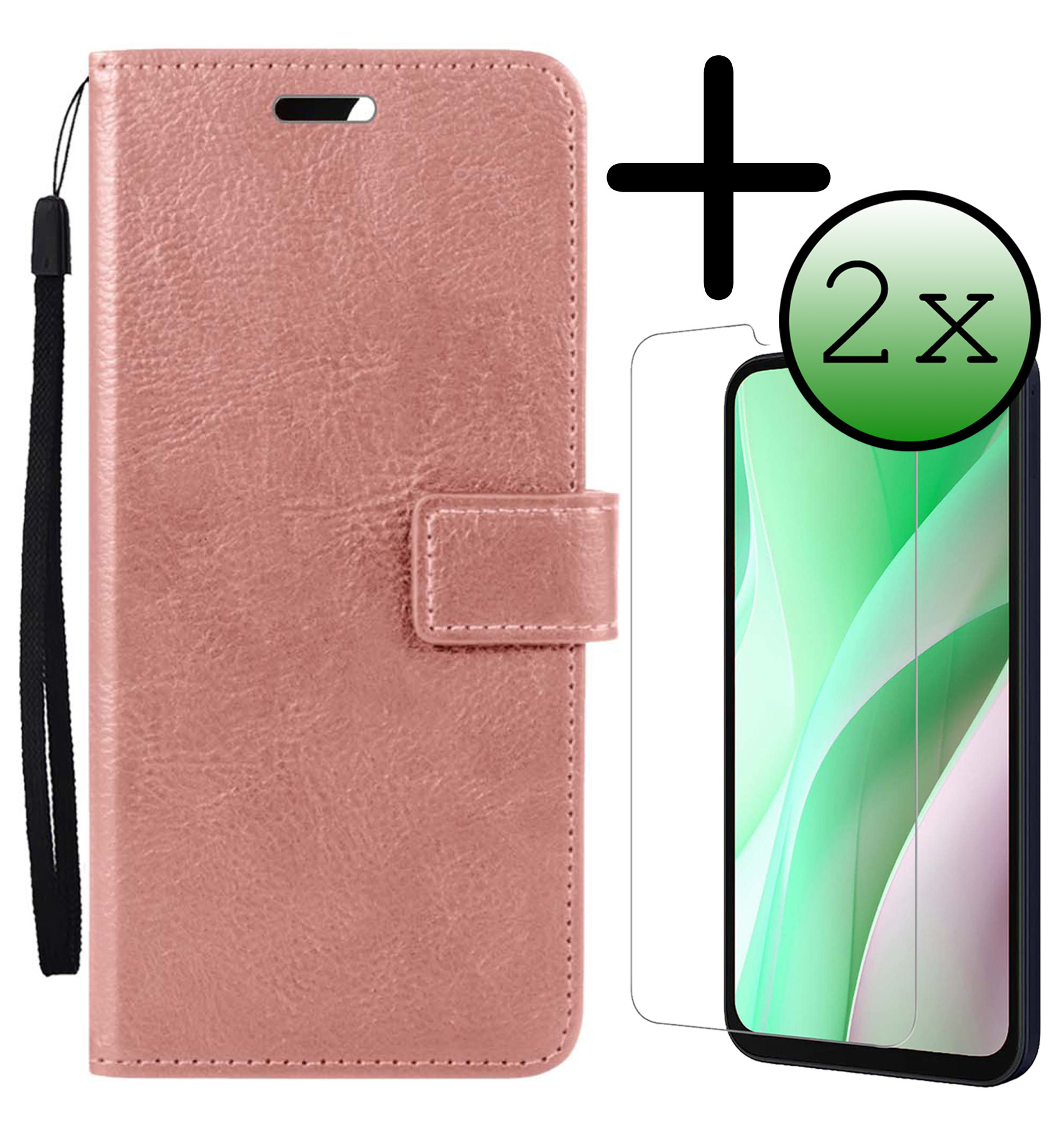 BASEY. Hoes Geschikt voor Samsung A15 Hoesje Bookcase Hoes Flip Case Book Cover Met 2x Screenprotector - Hoesje Geschikt voor Samsung Galaxy A15 Hoes Book Case Hoesje - Rosé goud
