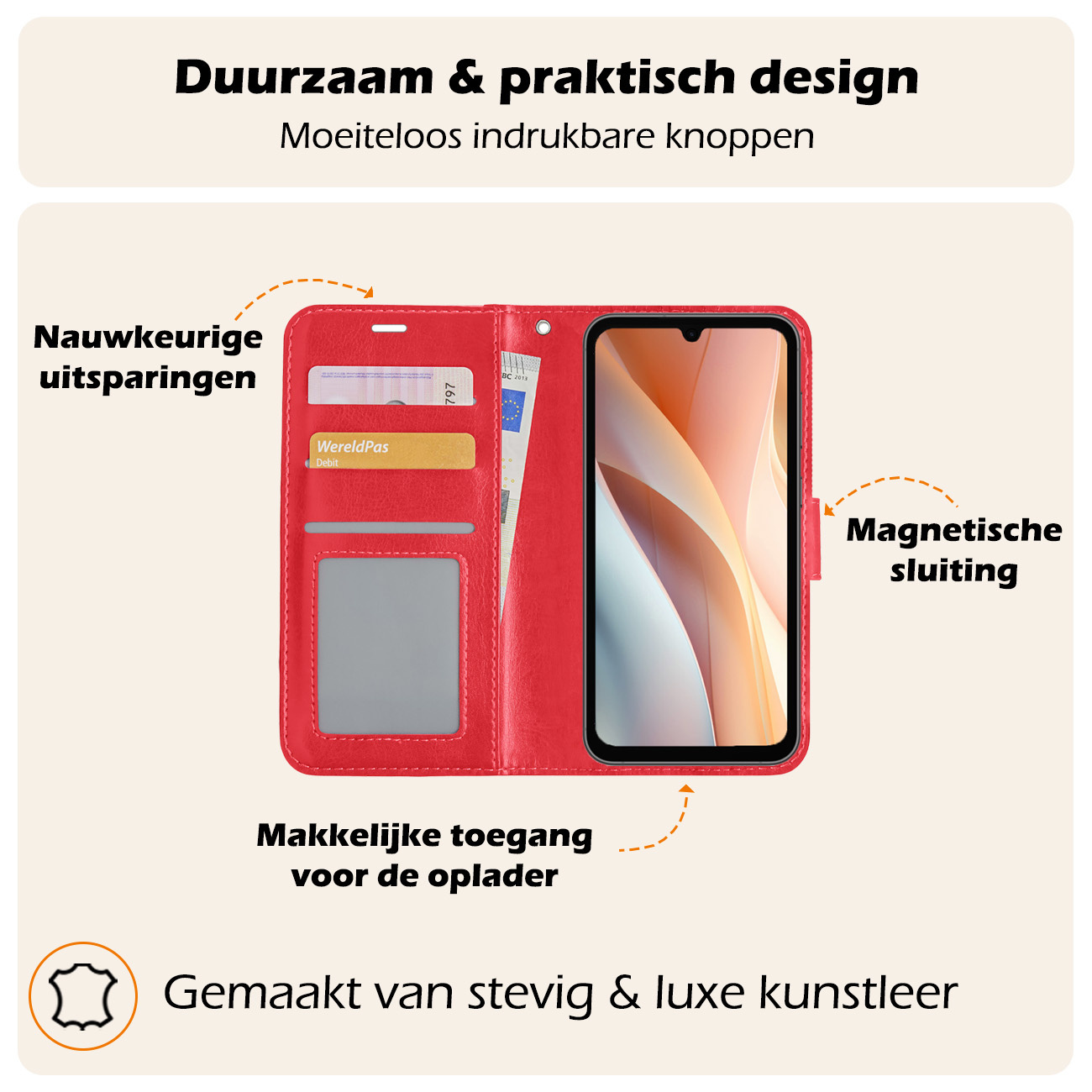 Nomfy Hoesje Geschikt voor Samsung A15 Hoes Bookcase Flipcase Book Cover Met 2x Screenprotector - Hoes Geschikt voor Samsung Galaxy A15 Hoesje Book Case - Rood
