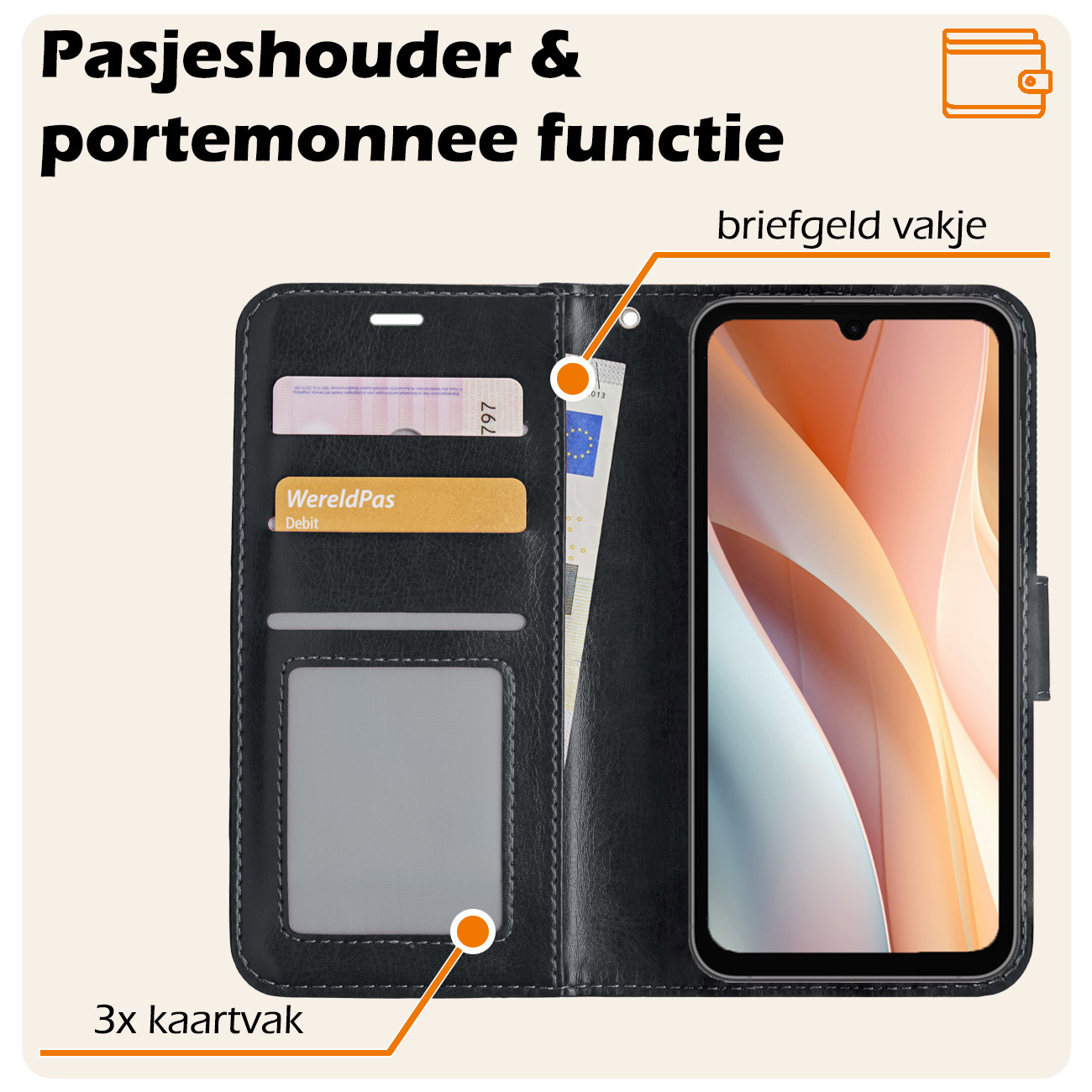Nomfy Hoesje Geschikt voor Samsung A15 Hoes Bookcase Flipcase Book Cover Met 2x Screenprotector - Hoes Geschikt voor Samsung Galaxy A15 Hoesje Book Case - Zwart