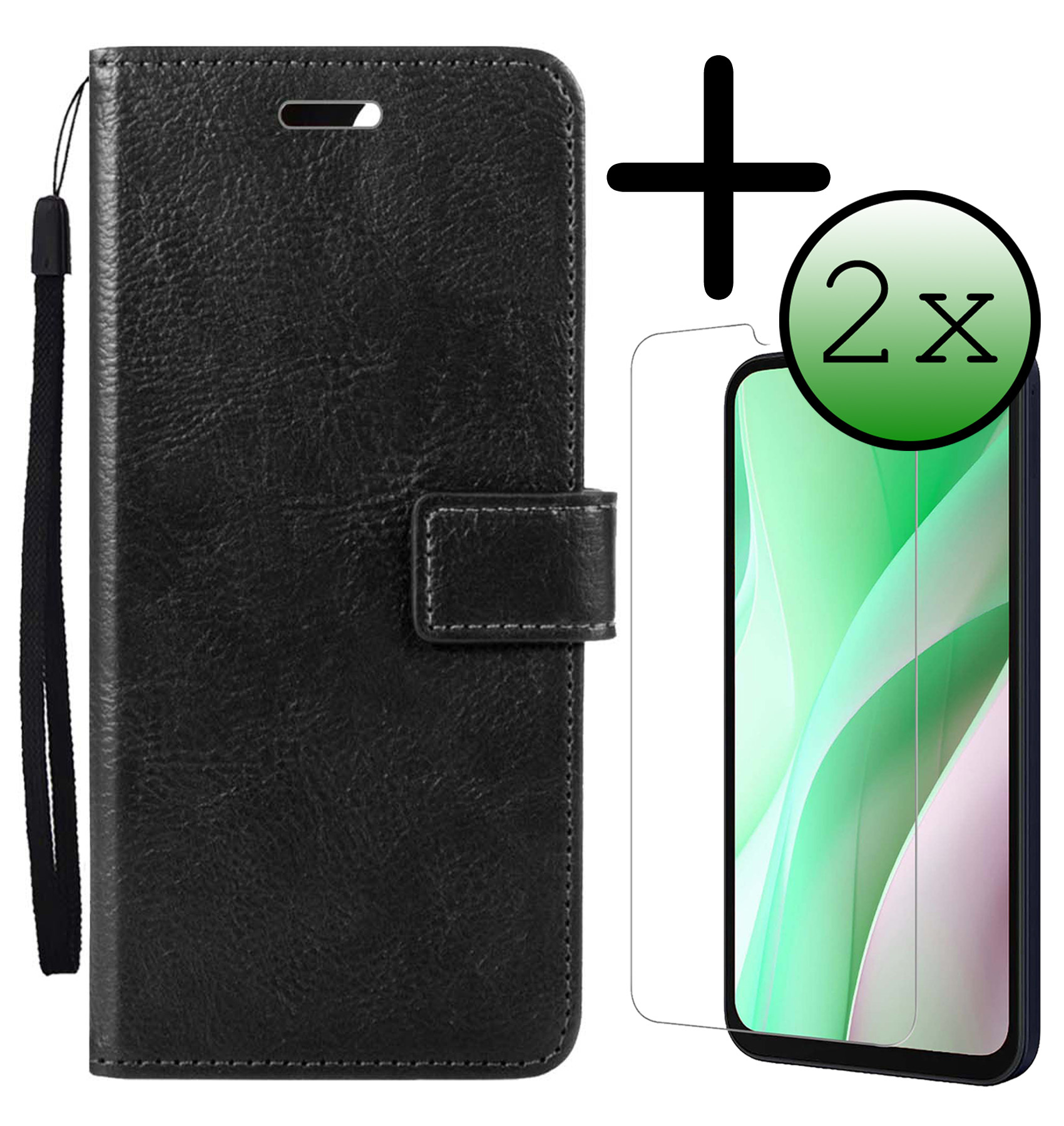 BASEY. Hoes Geschikt voor Samsung A15 Hoesje Bookcase Hoes Flip Case Book Cover Met 2x Screenprotector - Hoesje Geschikt voor Samsung Galaxy A15 Hoes Book Case Hoesje - Zwart