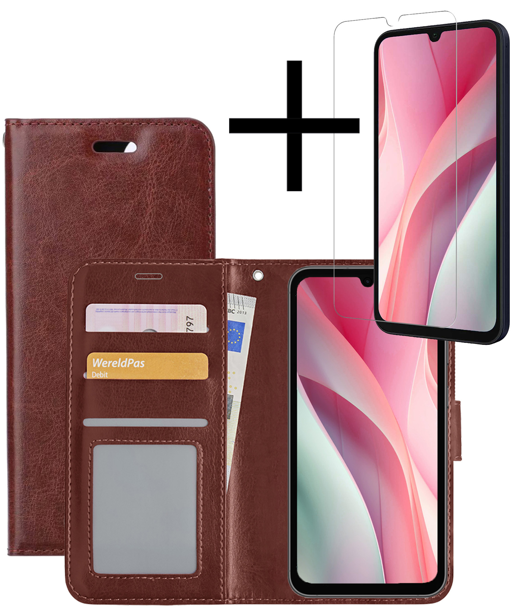 NoXx Hoes Geschikt voor Samsung A15 Hoesje Book Case Hoes Flip Cover Wallet Bookcase Met Screenprotector - Bruin
