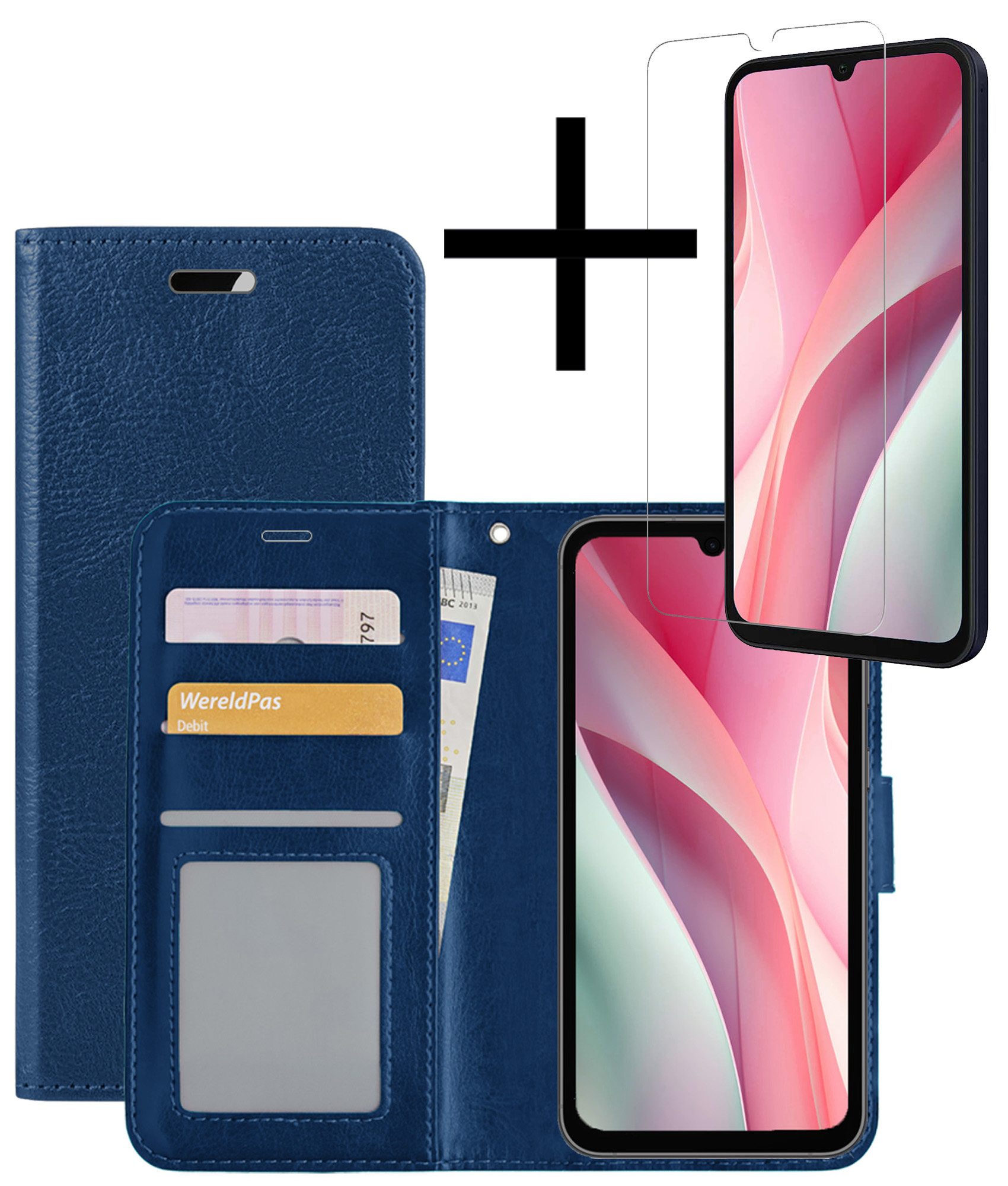 NoXx Hoes Geschikt voor Samsung A15 Hoesje Book Case Hoes Flip Cover Wallet Bookcase Met Screenprotector - Donkerblauw