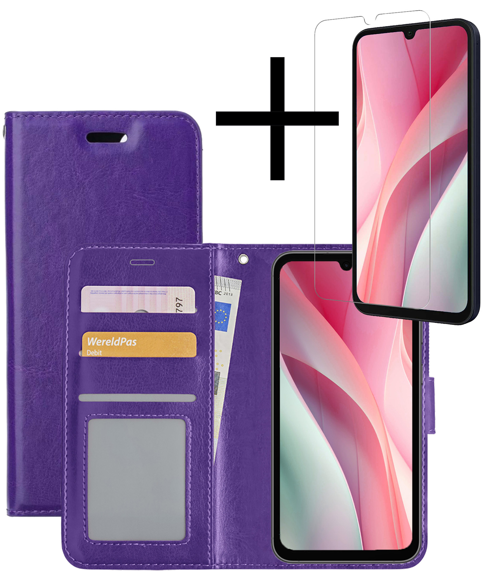 NoXx Hoes Geschikt voor Samsung A15 Hoesje Book Case Hoes Flip Cover Wallet Bookcase Met Screenprotector - Paars