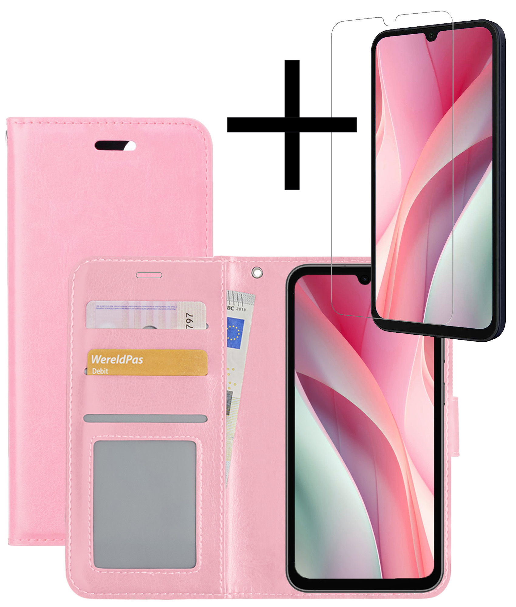 NoXx Hoes Geschikt voor Samsung A15 Hoesje Book Case Hoes Flip Cover Wallet Bookcase Met Screenprotector - Lichtroze