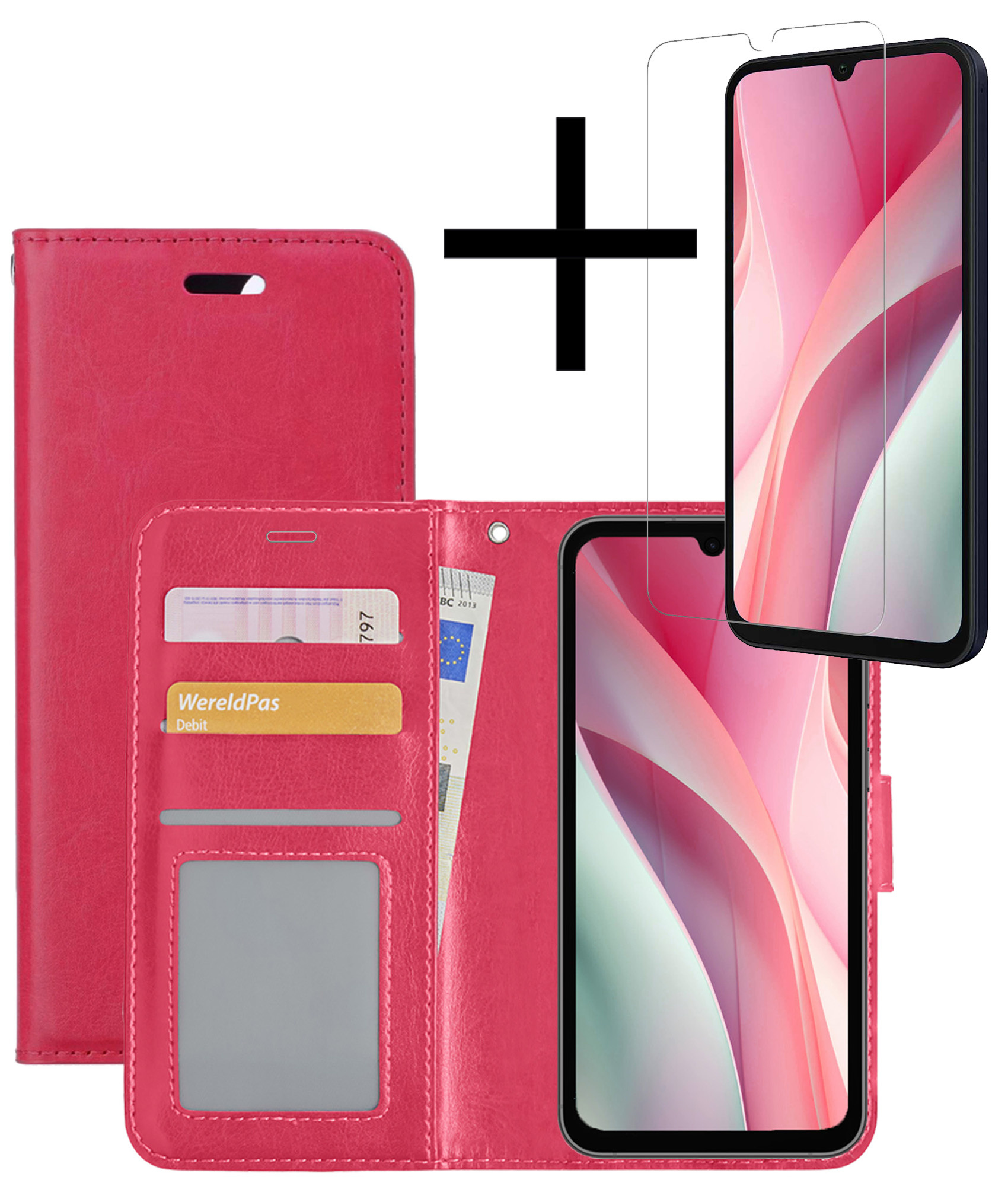 NoXx Hoes Geschikt voor Samsung A15 Hoesje Book Case Hoes Flip Cover Wallet Bookcase Met Screenprotector - Donkerroze