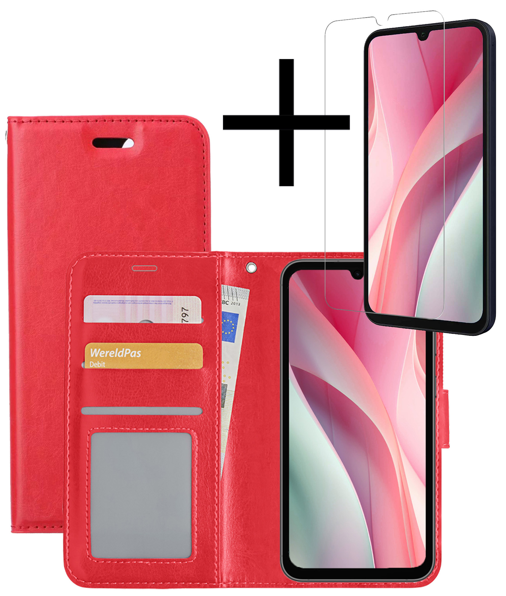 NoXx Hoes Geschikt voor Samsung A15 Hoesje Book Case Hoes Flip Cover Wallet Bookcase Met Screenprotector - Rood