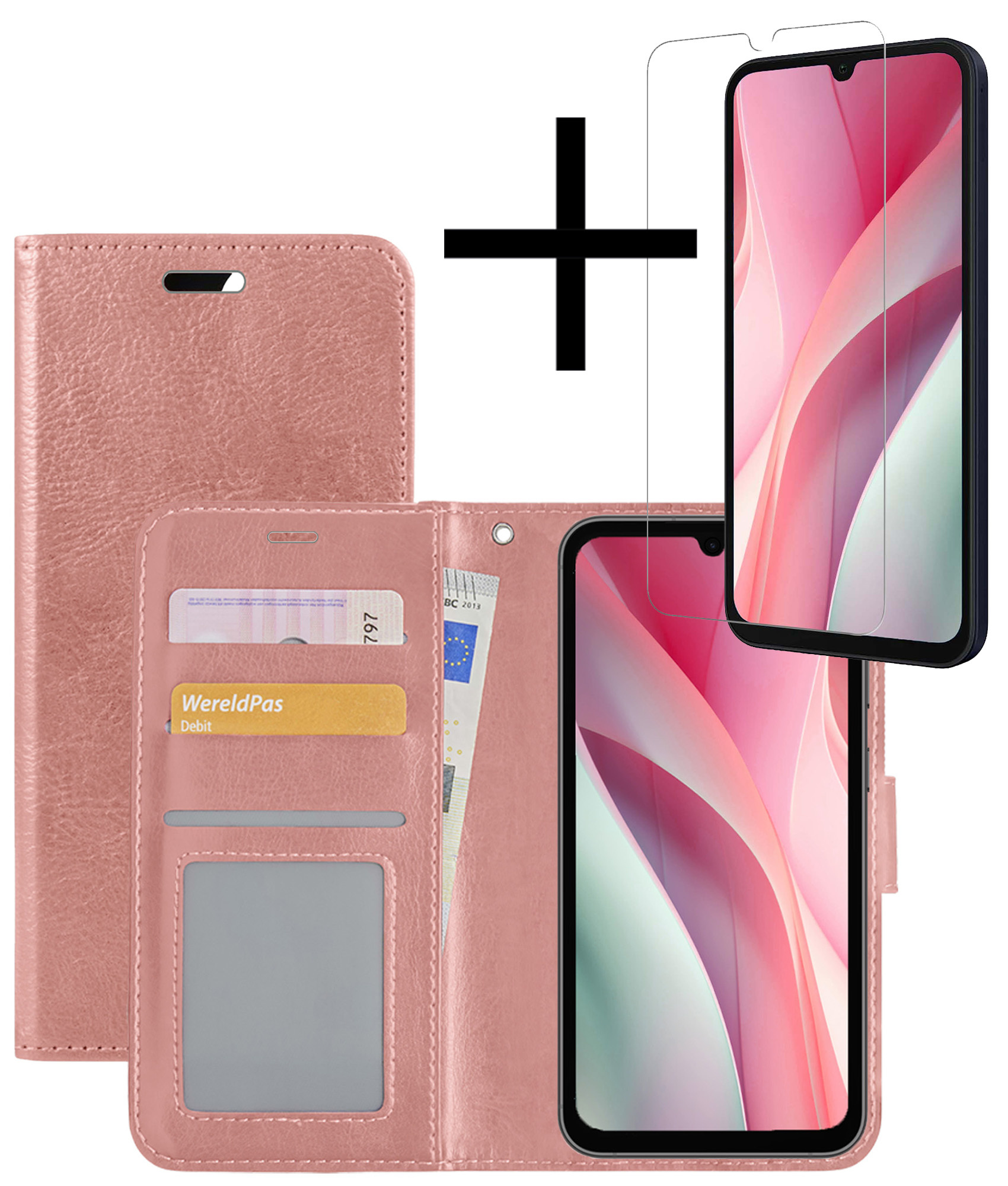 NoXx Hoes Geschikt voor Samsung A15 Hoesje Book Case Hoes Flip Cover Wallet Bookcase Met Screenprotector - Rosé goud