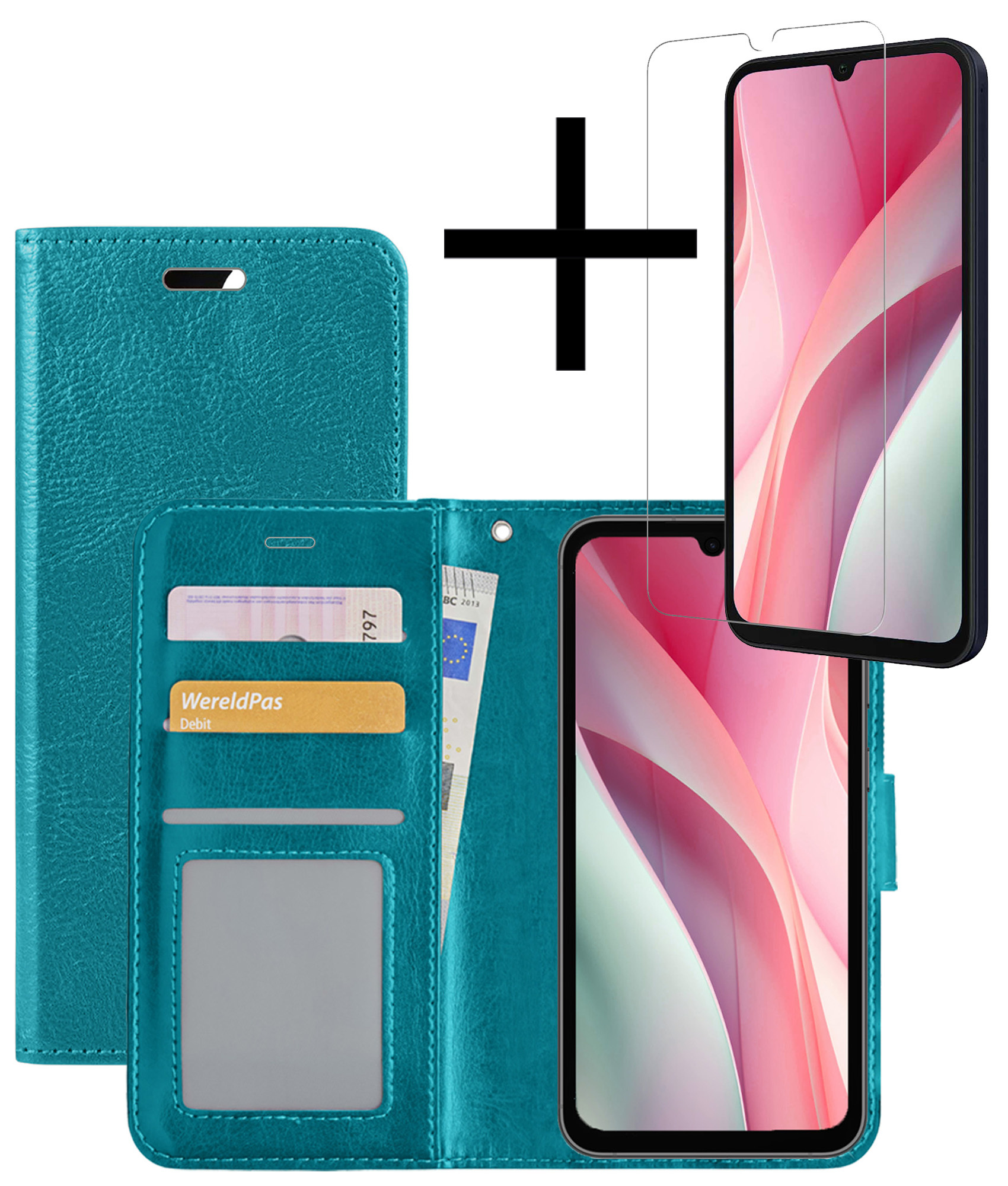 NoXx Hoes Geschikt voor Samsung A15 Hoesje Book Case Hoes Flip Cover Wallet Bookcase Met Screenprotector - Turquoise