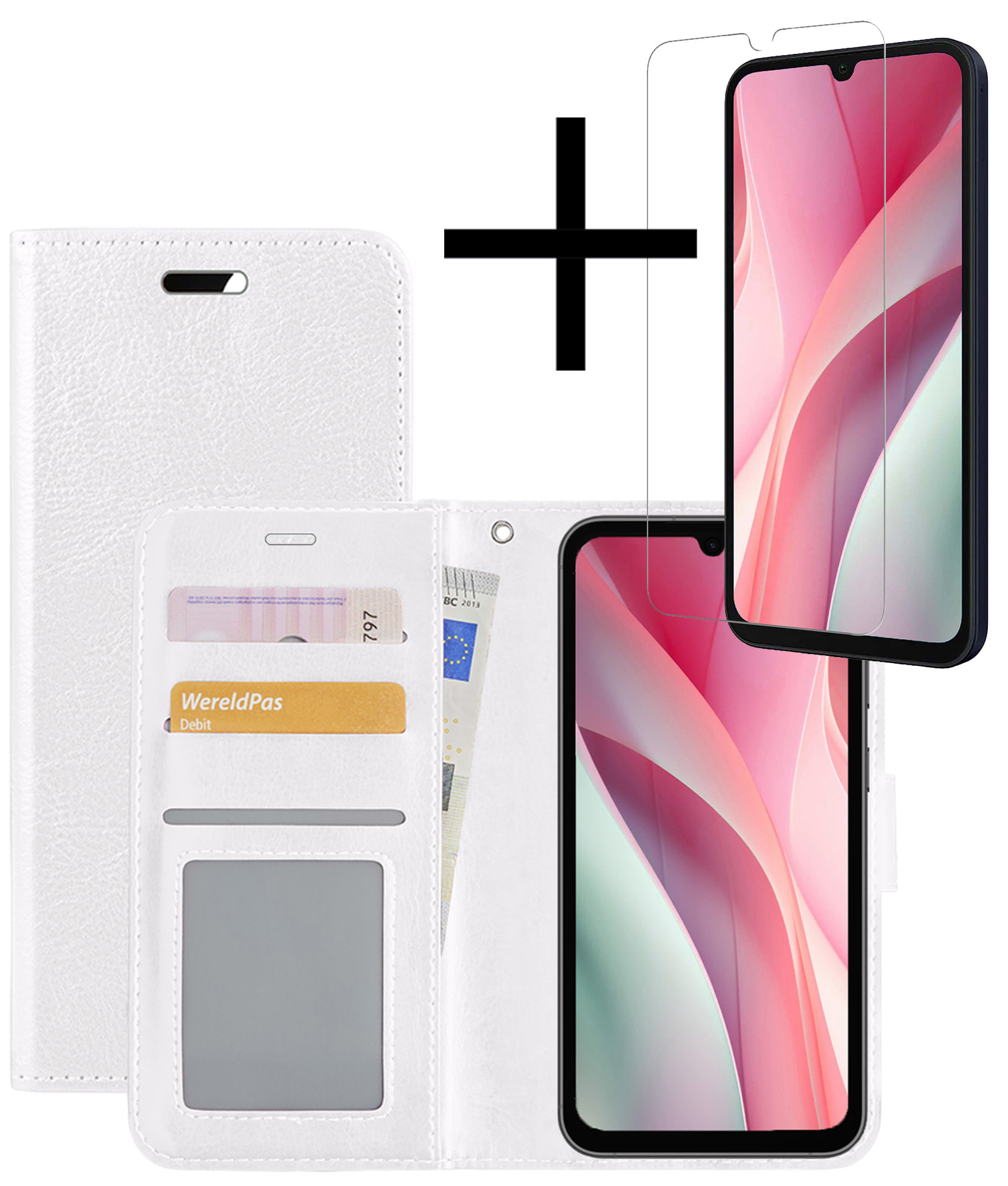 NoXx Hoes Geschikt voor Samsung A15 Hoesje Book Case Hoes Flip Cover Wallet Bookcase Met Screenprotector - Wit