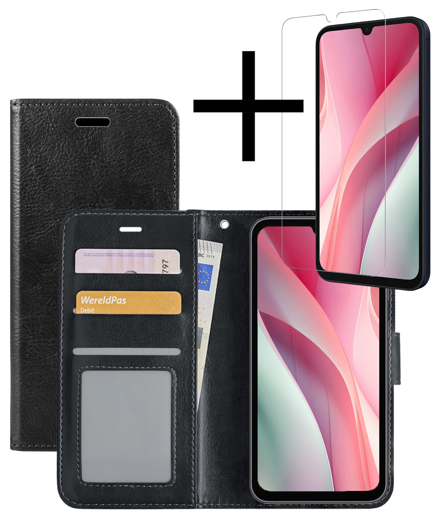 NoXx Hoes Geschikt voor Samsung A15 Hoesje Book Case Hoes Flip Cover Wallet Bookcase Met Screenprotector - Zwart