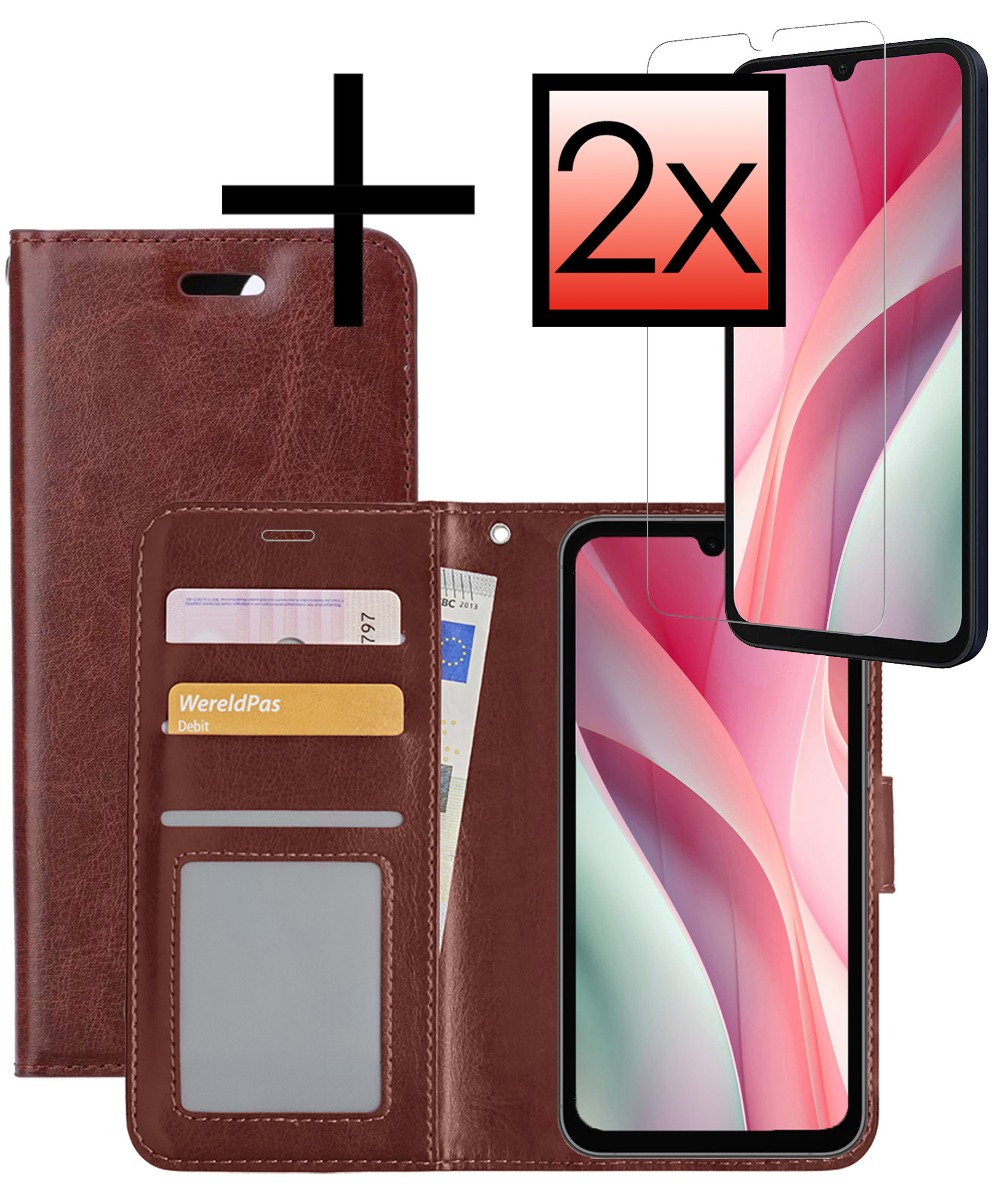 NoXx Hoes Geschikt voor Samsung A15 Hoesje Book Case Hoes Flip Cover Wallet Bookcase Met 2x Screenprotector - Bruin