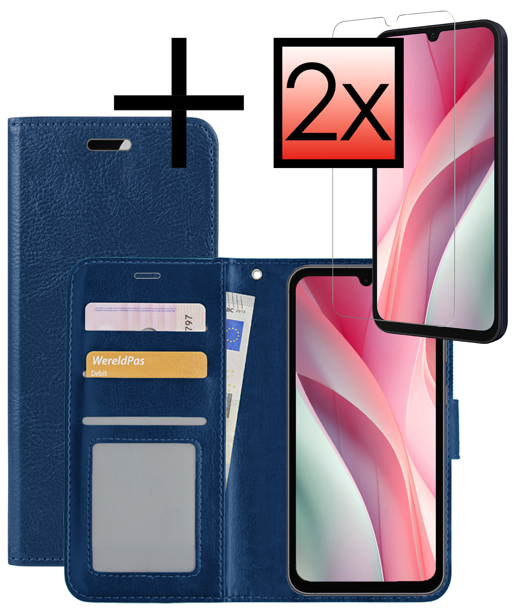NoXx Hoes Geschikt voor Samsung A15 Hoesje Book Case Hoes Flip Cover Wallet Bookcase Met 2x Screenprotector - Donkerblauw