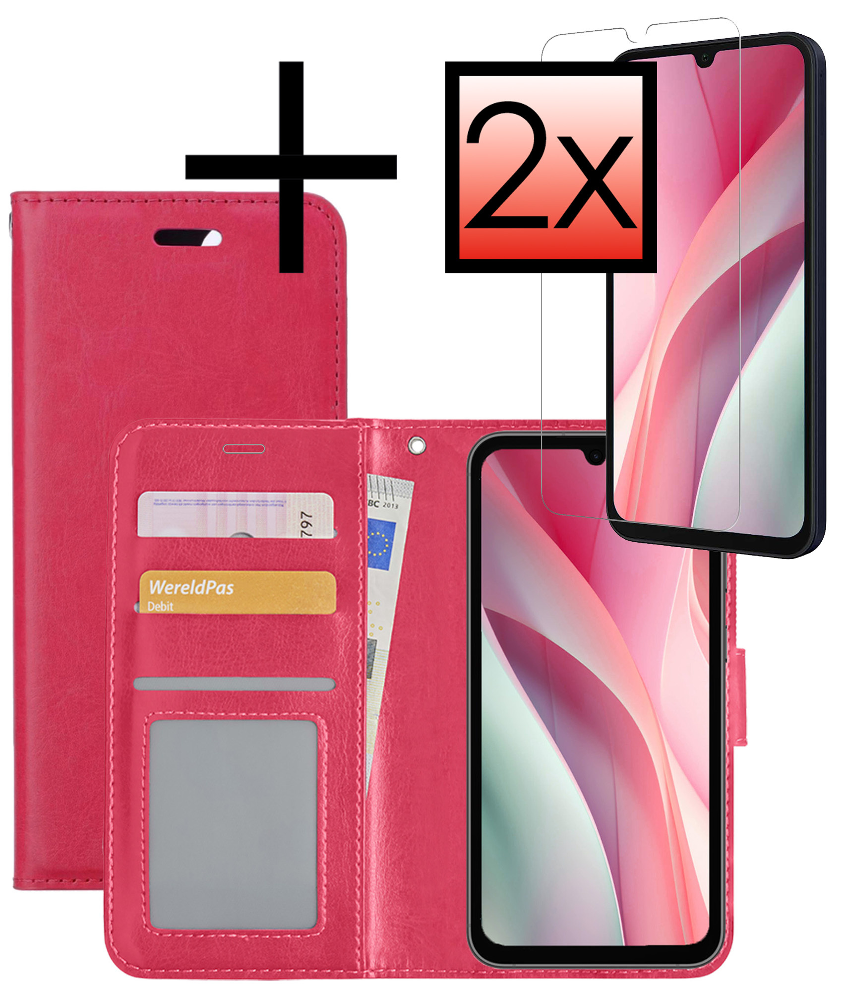 NoXx Hoes Geschikt voor Samsung A15 Hoesje Book Case Hoes Flip Cover Wallet Bookcase Met 2x Screenprotector - Donkerroze