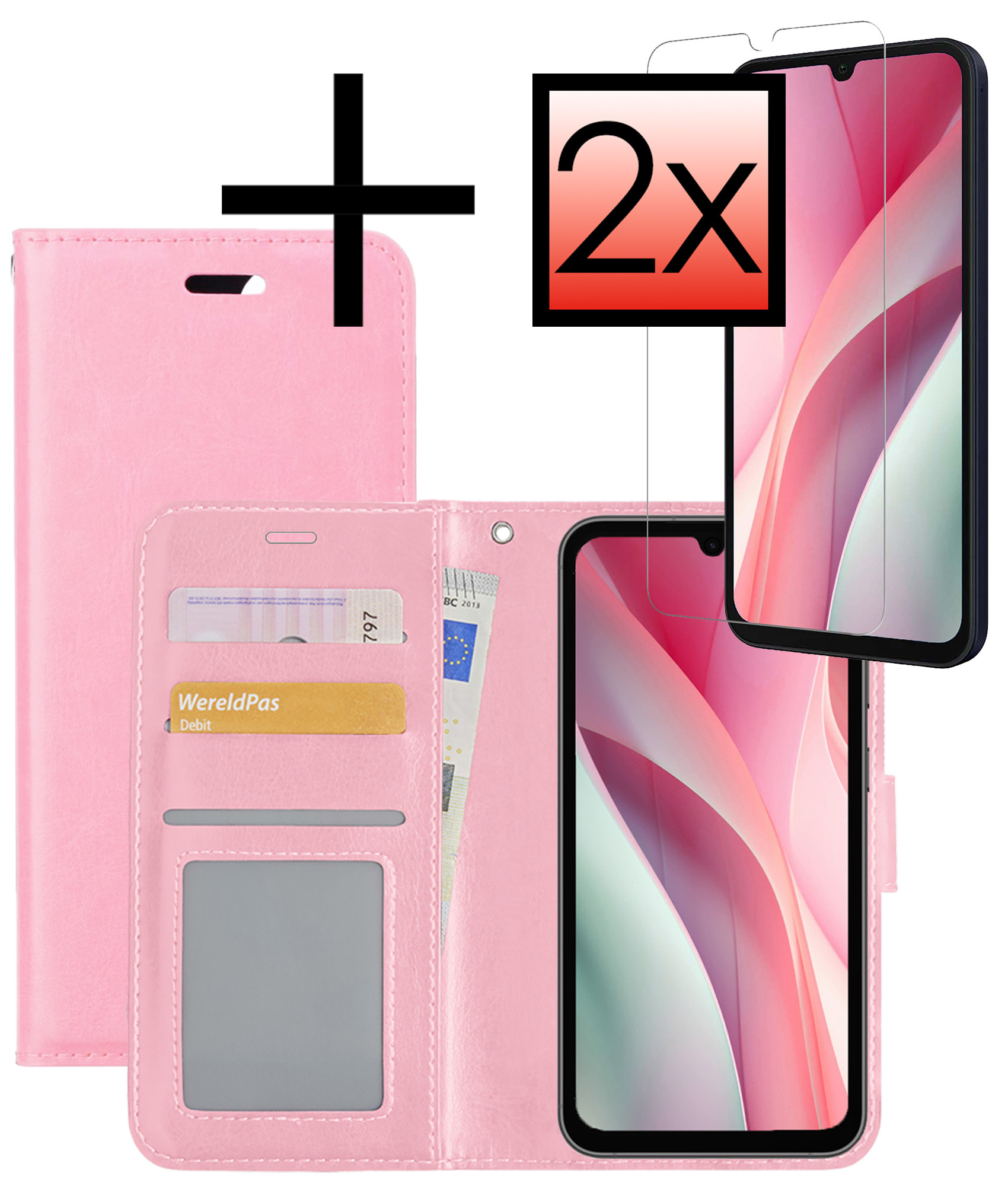 NoXx Hoes Geschikt voor Samsung A15 Hoesje Book Case Hoes Flip Cover Wallet Bookcase Met 2x Screenprotector - Lichtroze