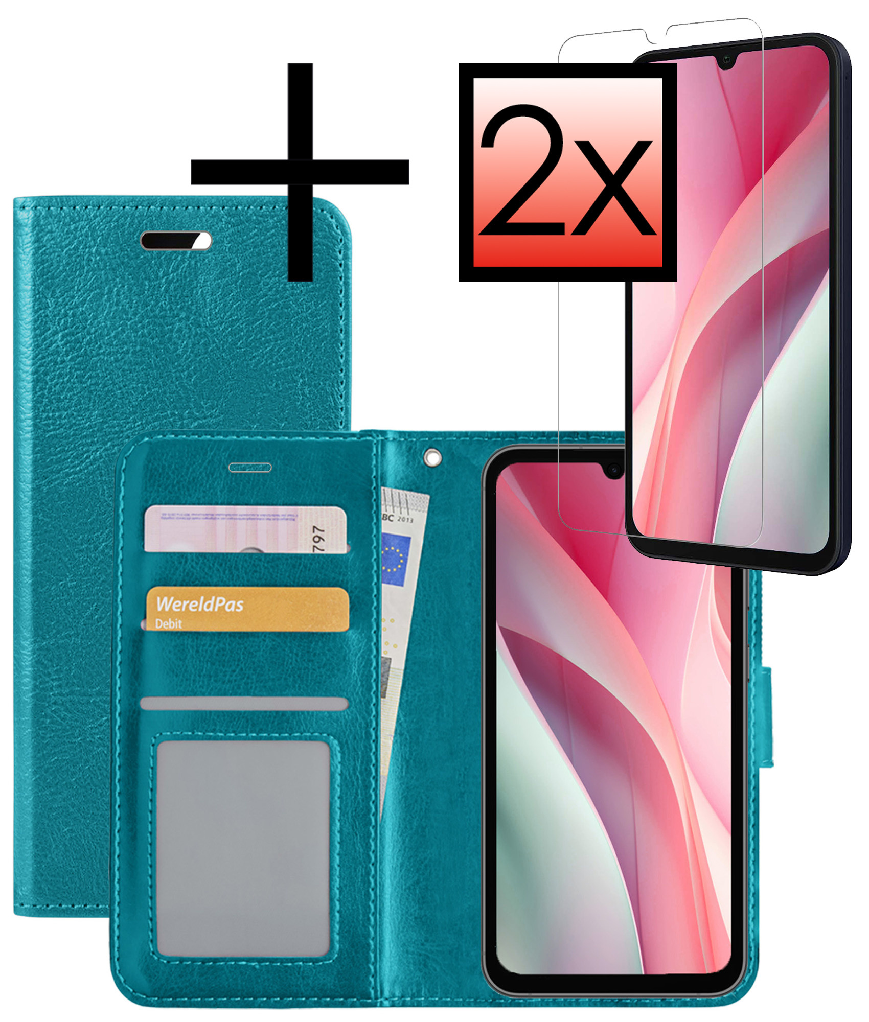 NoXx Hoes Geschikt voor Samsung A15 Hoesje Book Case Hoes Flip Cover Wallet Bookcase Met 2x Screenprotector - Turquoise