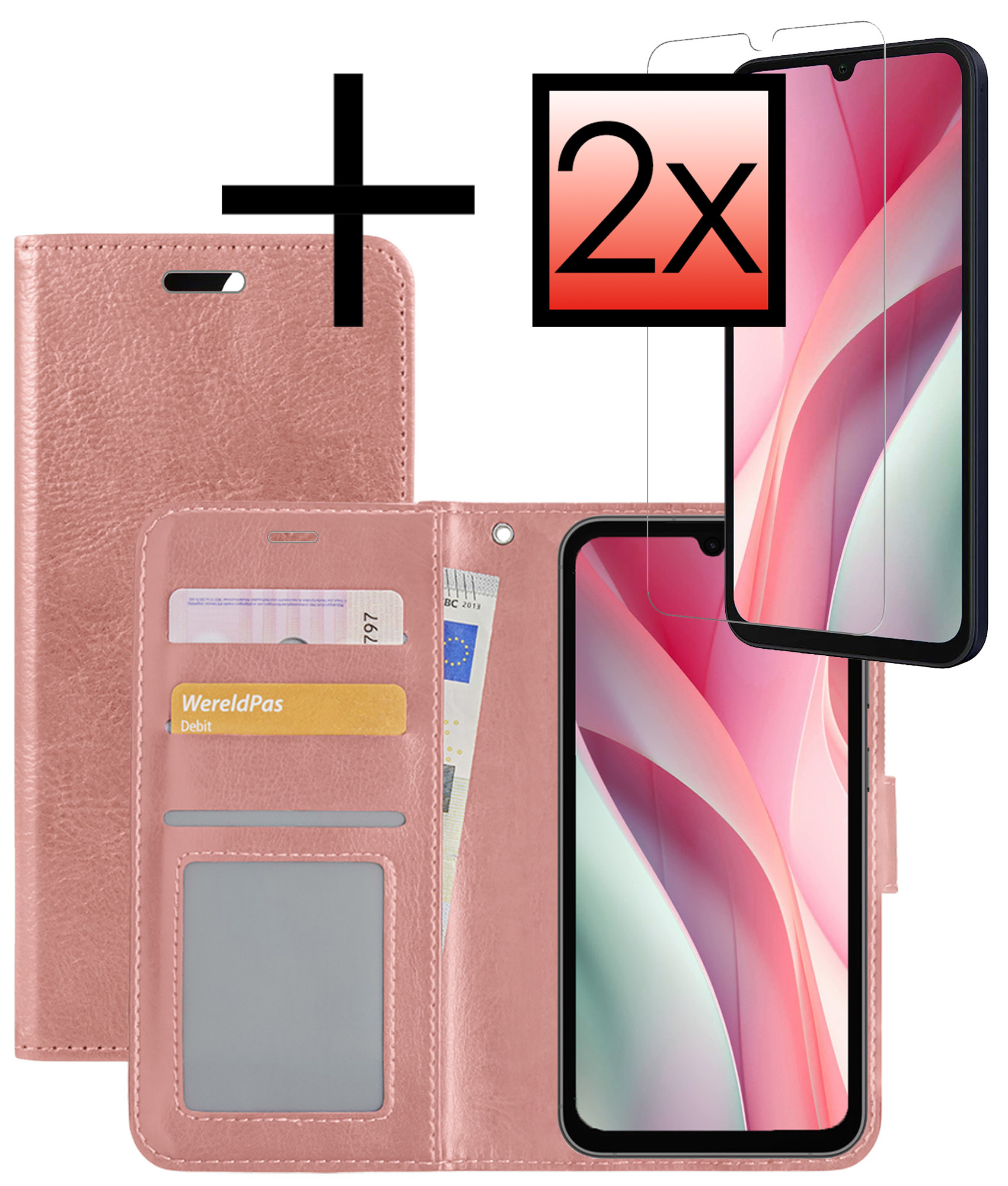 NoXx Hoes Geschikt voor Samsung A15 Hoesje Book Case Hoes Flip Cover Wallet Bookcase Met 2x Screenprotector - Rosé goud