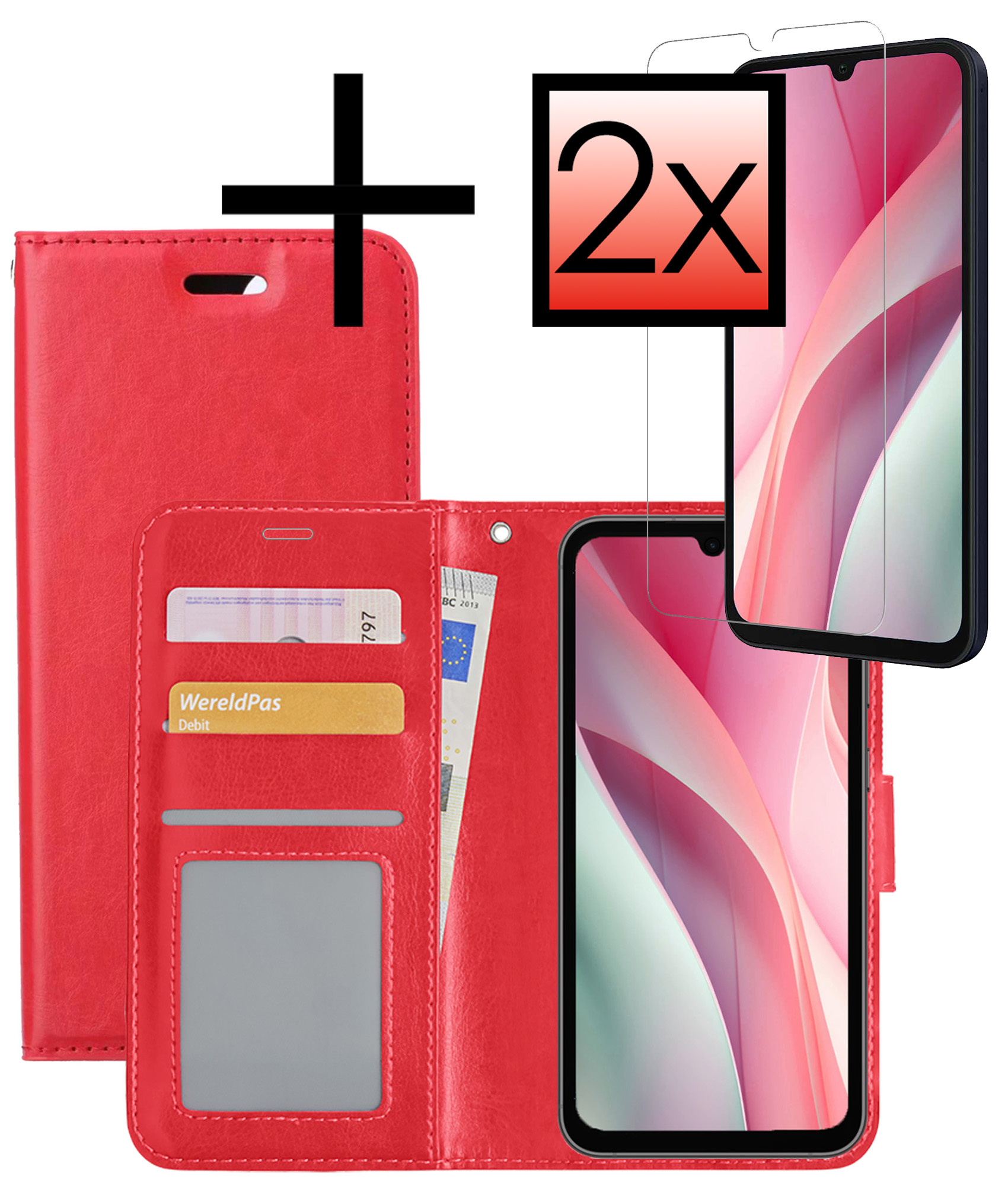 NoXx Hoes Geschikt voor Samsung A15 Hoesje Book Case Hoes Flip Cover Wallet Bookcase Met 2x Screenprotector - Rood